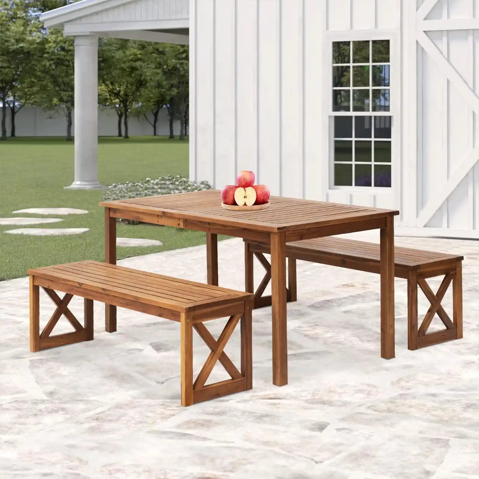 3 Piece Acacia Wood Outdoor Dining Table and Bench Set Patio Bench
