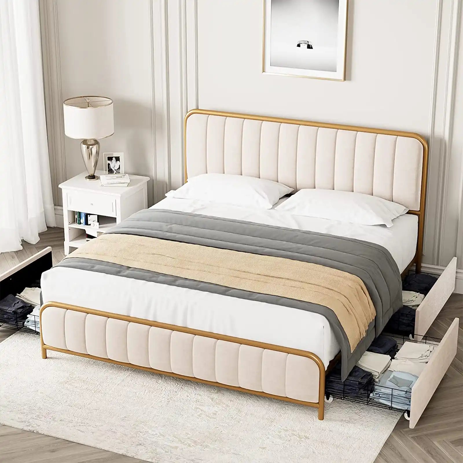 Upholstered Metal Bed Frame with Button Tufted Headboard with 4 Drawers