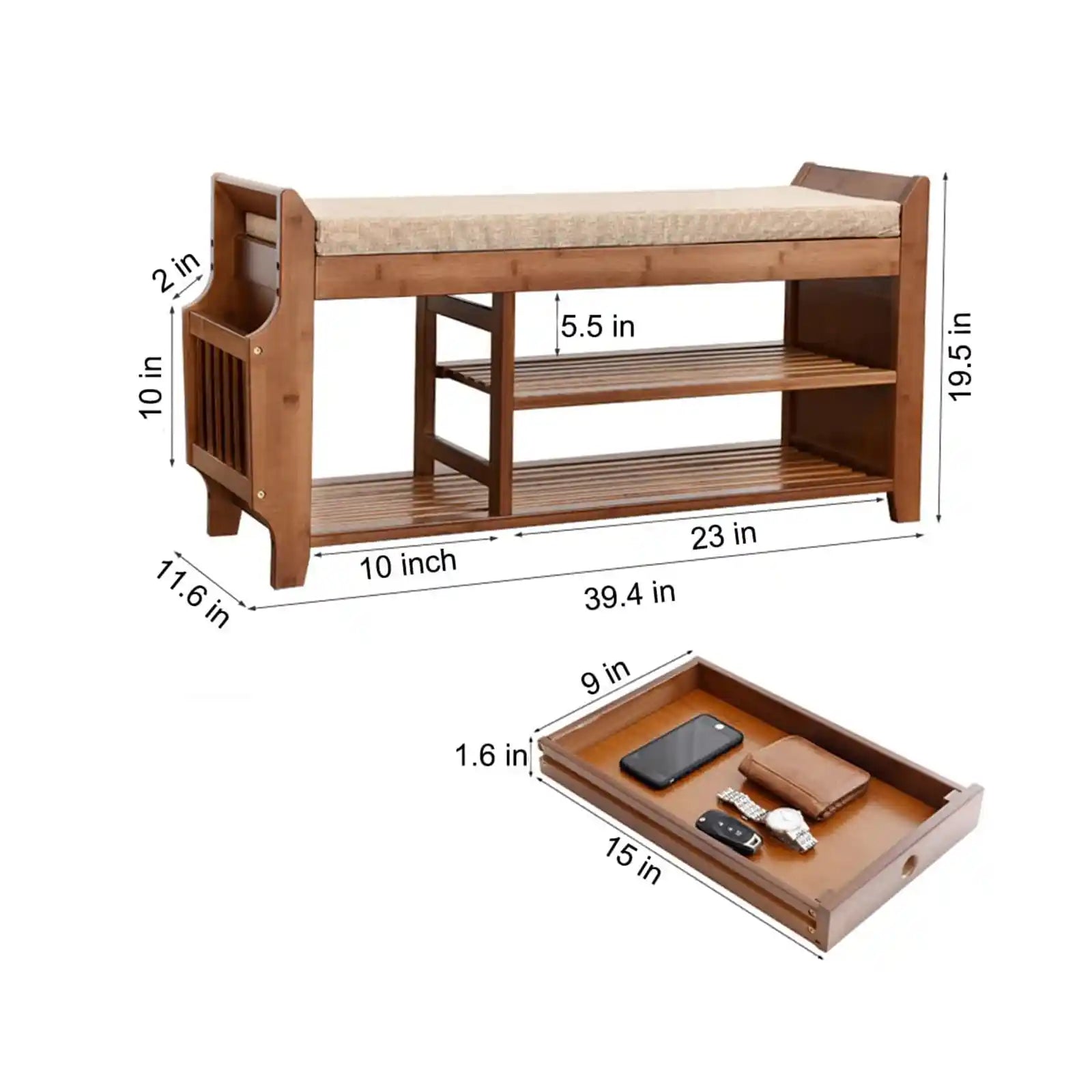 Unique Design Shoe Bench with Hidden Drawer and Side Holder | Premium Quality Bamboo Construction | Easy to Clean | Ample Storage Capacity
