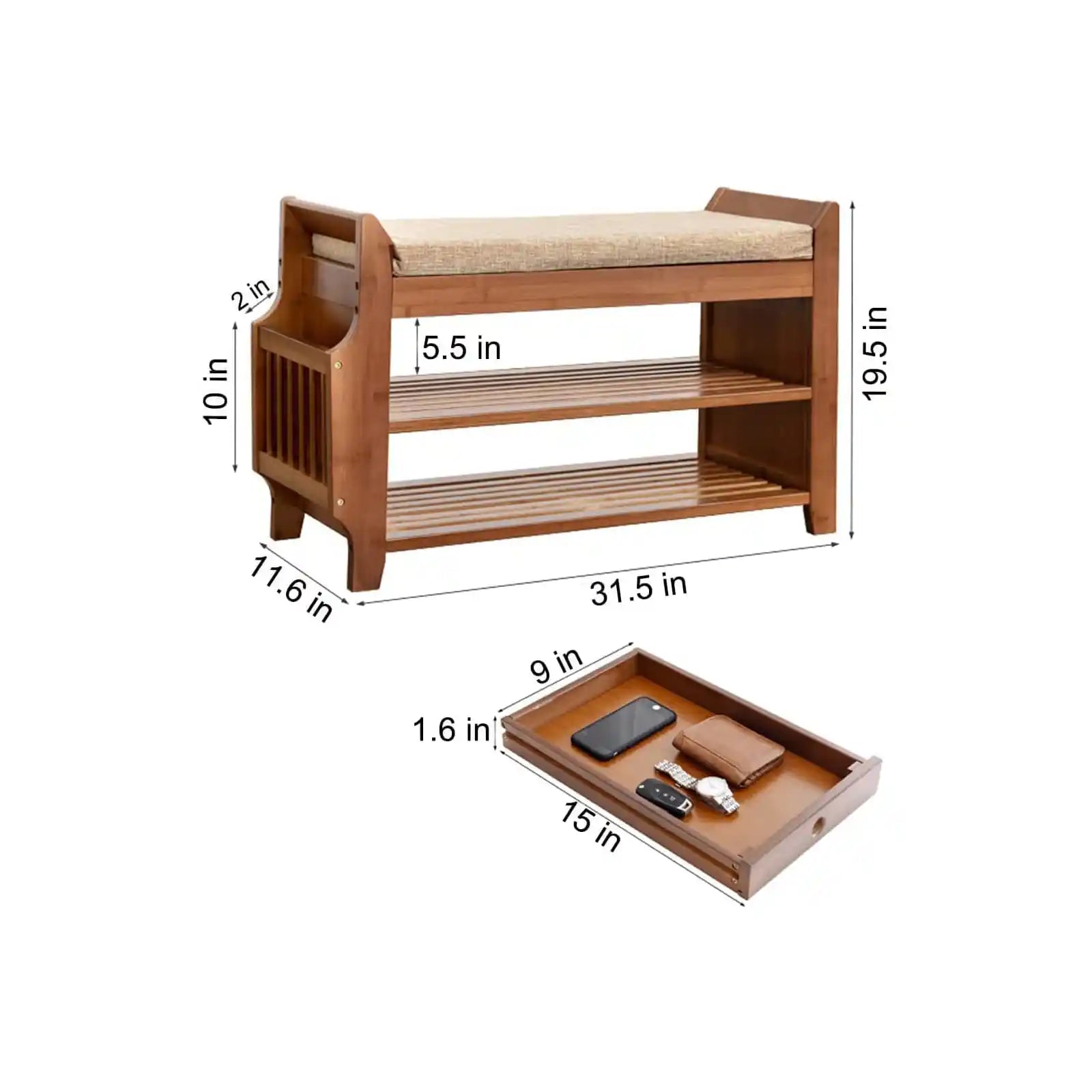 Unique Design Shoe Bench with Hidden Drawer and Side Holder | Premium Quality Bamboo Construction | Easy to Clean | Ample Storage Capacity