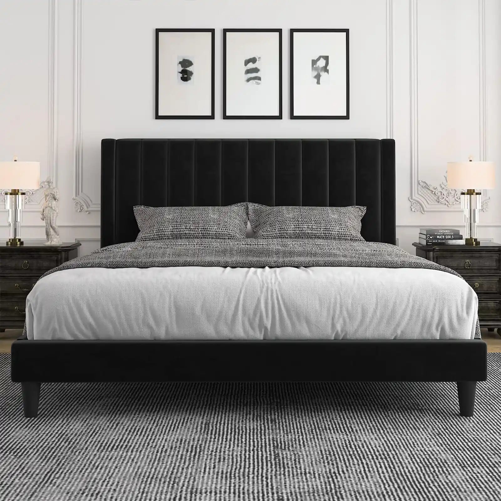 Velvet Upholstered Bed Frame with Vertical Channel Tufted Headboard