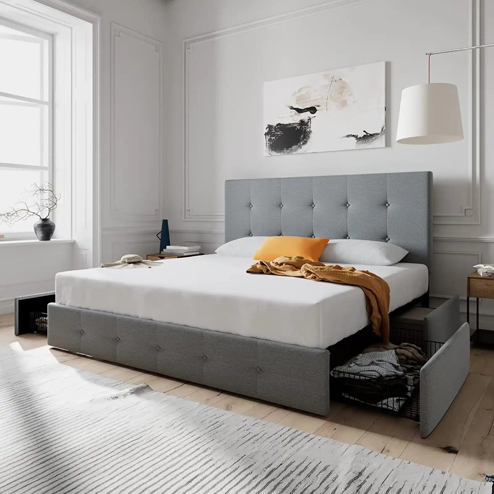 Platform Bed Frame with 4 Storage Drawers and Adjustable Headboard