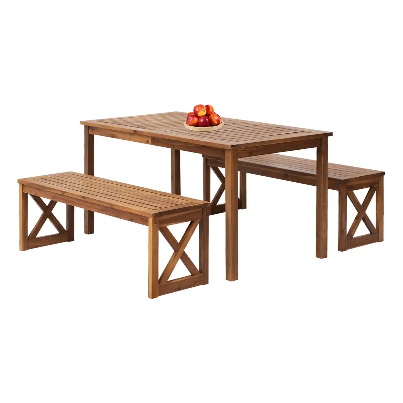 3 Piece Acacia Wood Outdoor Dining Table and Bench Set Patio Bench