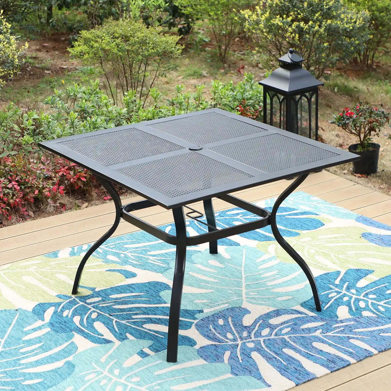 Square Outdoor Metal Dining Table with Umbrella Hole, Black