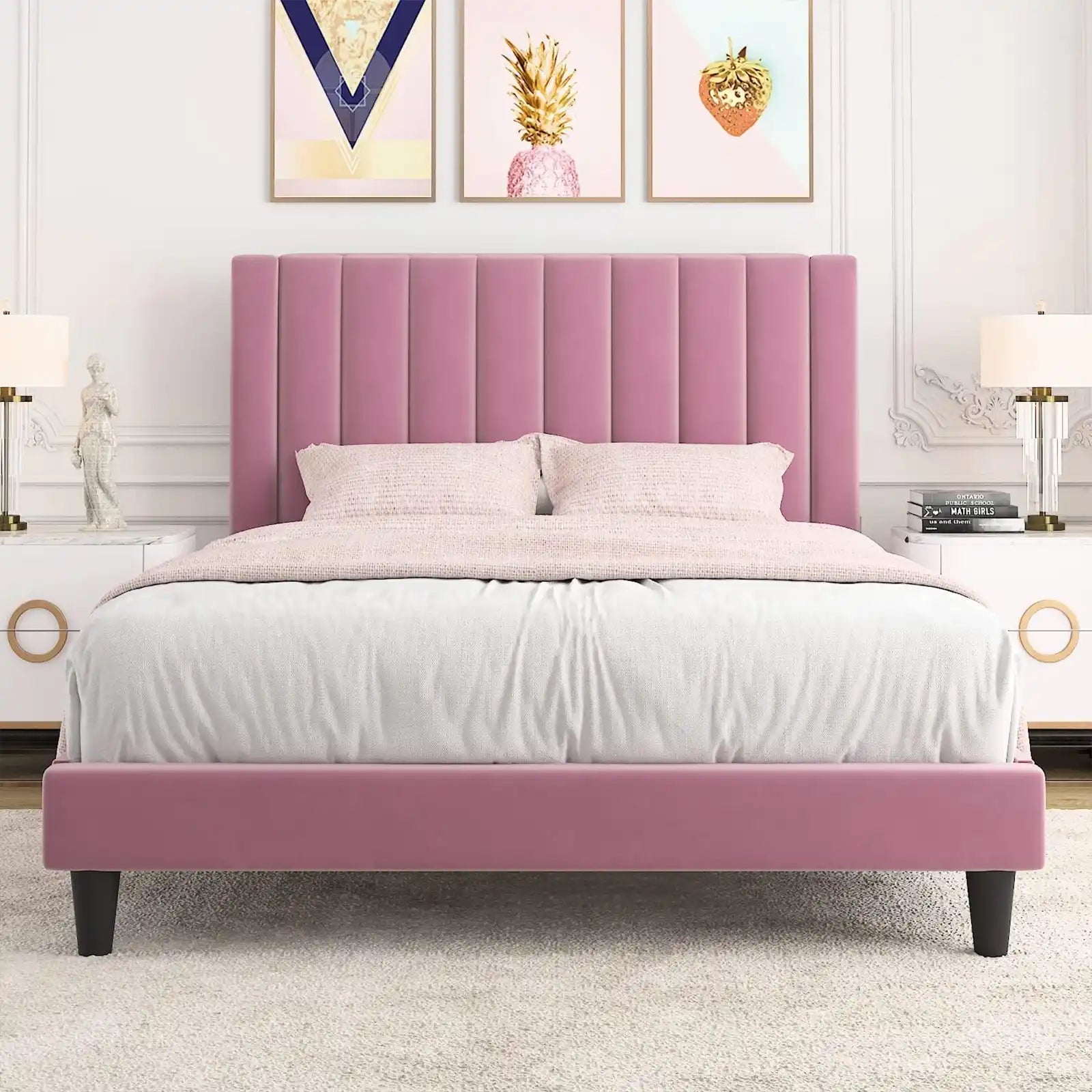 Velvet Upholstered Bed Frame with Vertical Channel Tufted Headboard