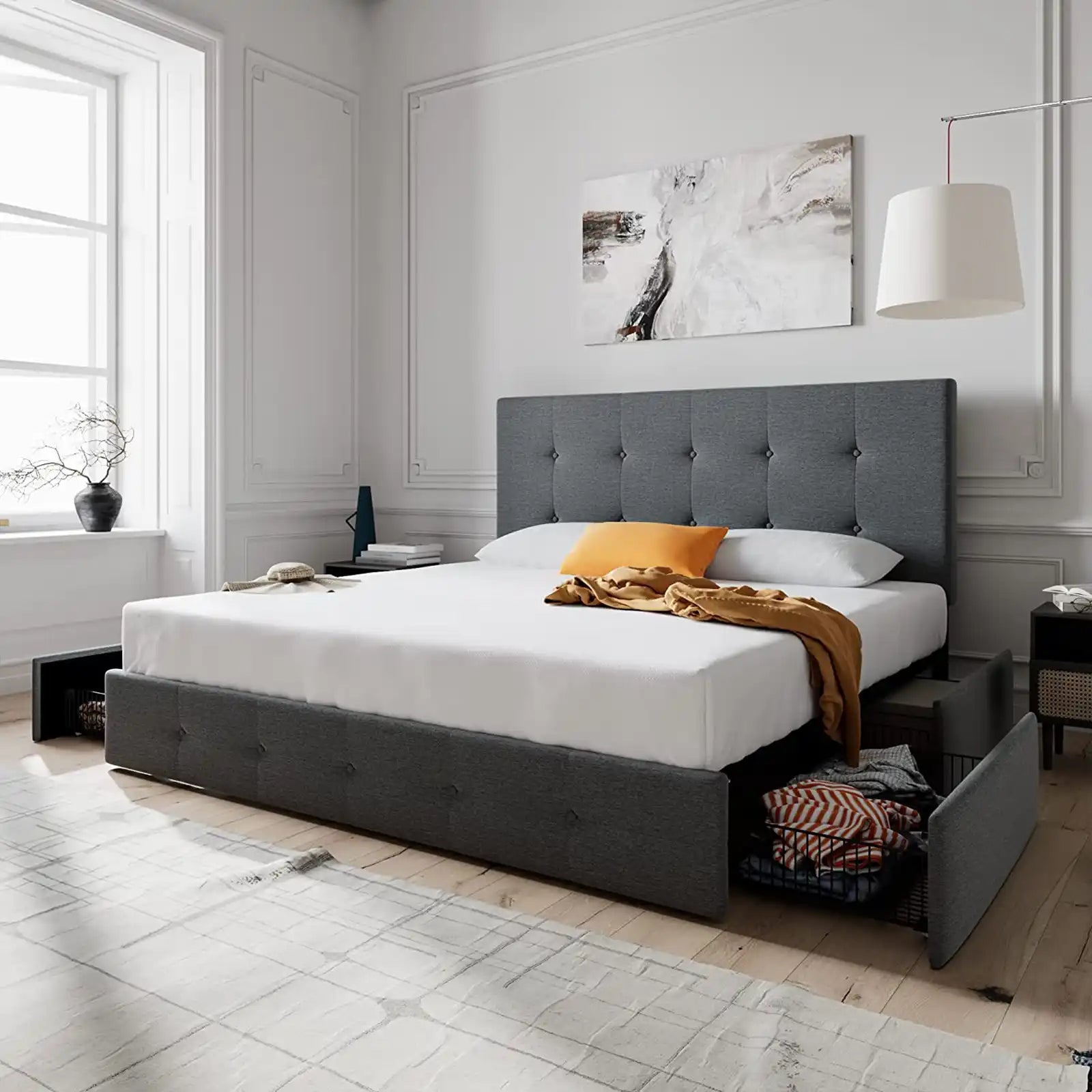 Platform Bed Frame with 4 Storage Drawers and Adjustable Headboard