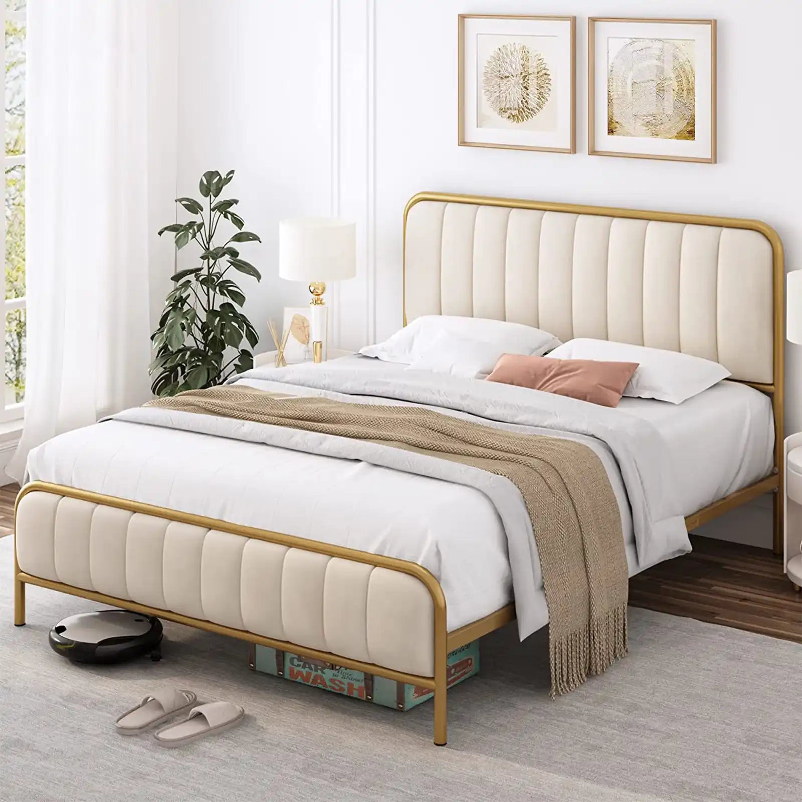 Upholstered Metal Bed Frame with Button Tufted Headboard with 4 Drawers