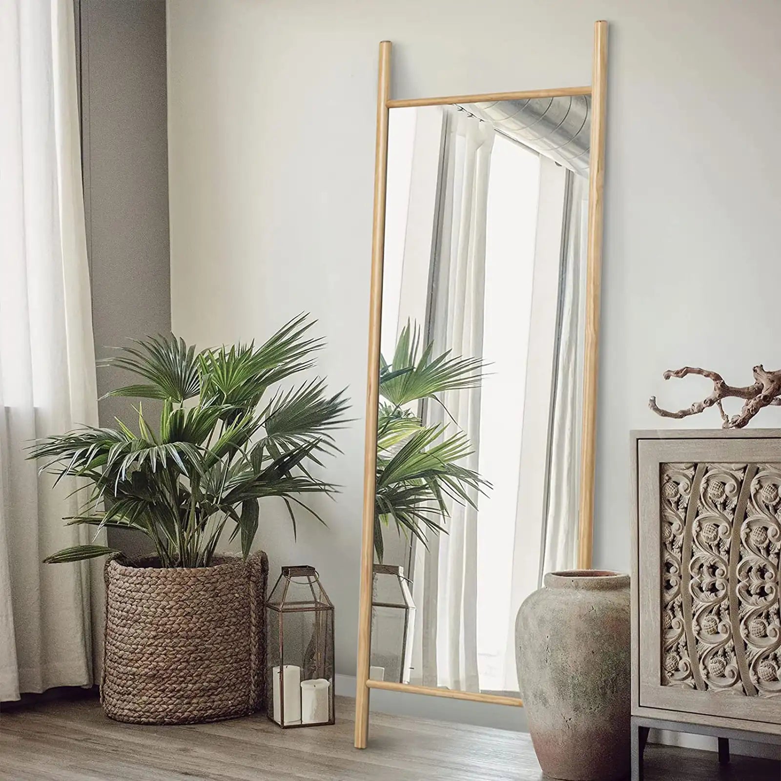 Full Length Mirror Wood 65"x22", Wooden-Ladder Floor Dressing Mirror with Full Size in Bedroom, Living Room and Shopping Mall