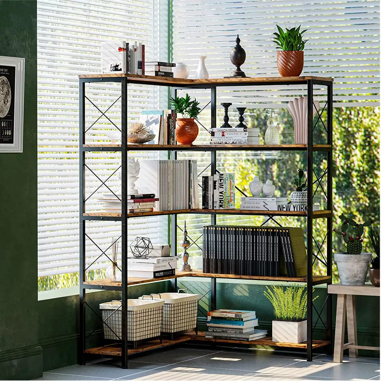 Brown Industrial 5 Tier Corner Shelf, Corner Storage Rack Indoor Plant  Stand, Modern Corner Bookshelf and Bookcase