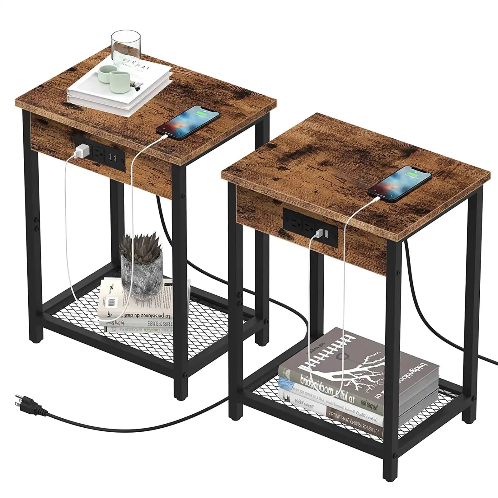 Nightstand with Charging Station Set of 2 Side End Table with USB Ports and Power Outlets Industrial Bedside for Bedroom Living Room Farmhouse