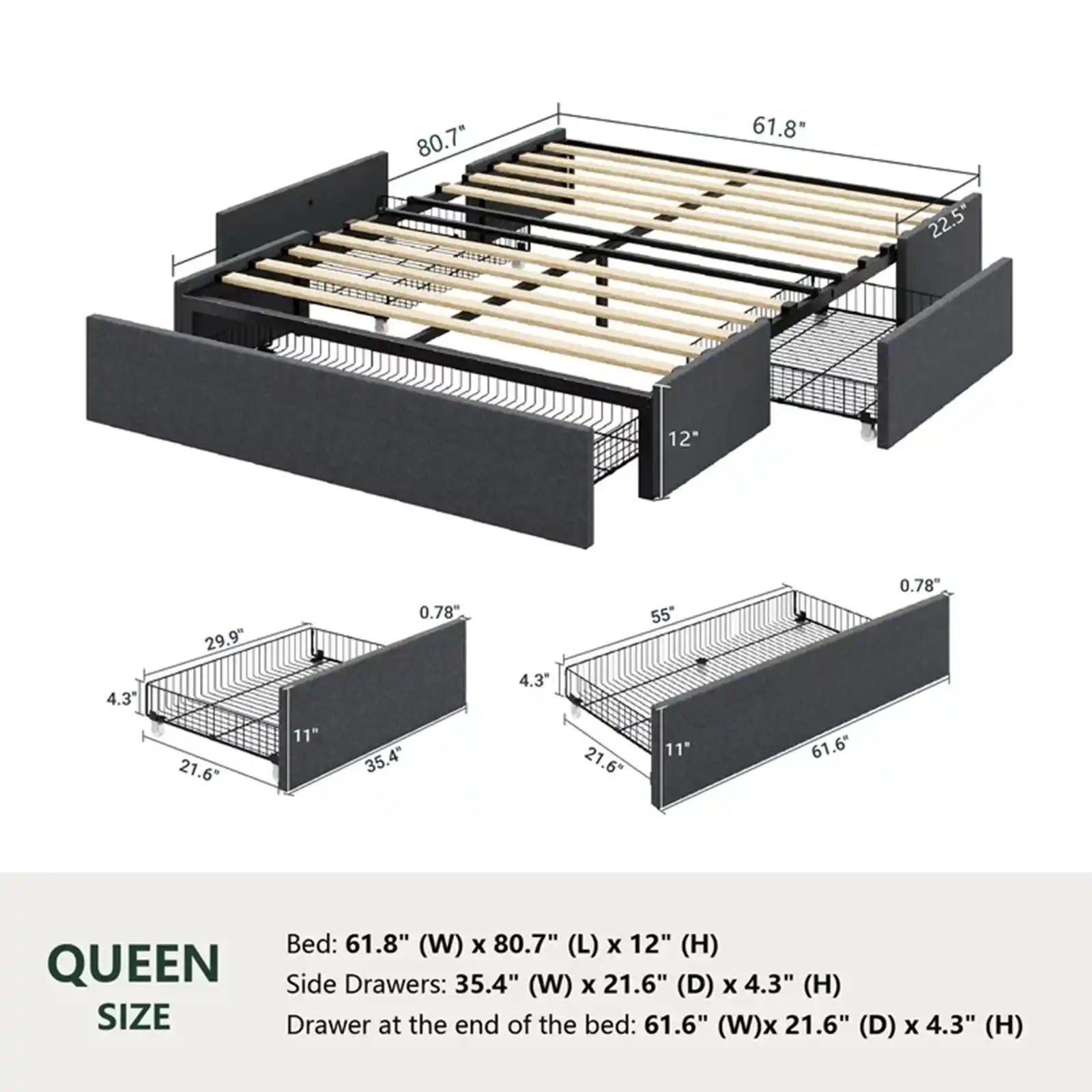 Upholstered Platform Bed Frame with 3 Storage Drawers and Wooden Slats, Dark Grey
