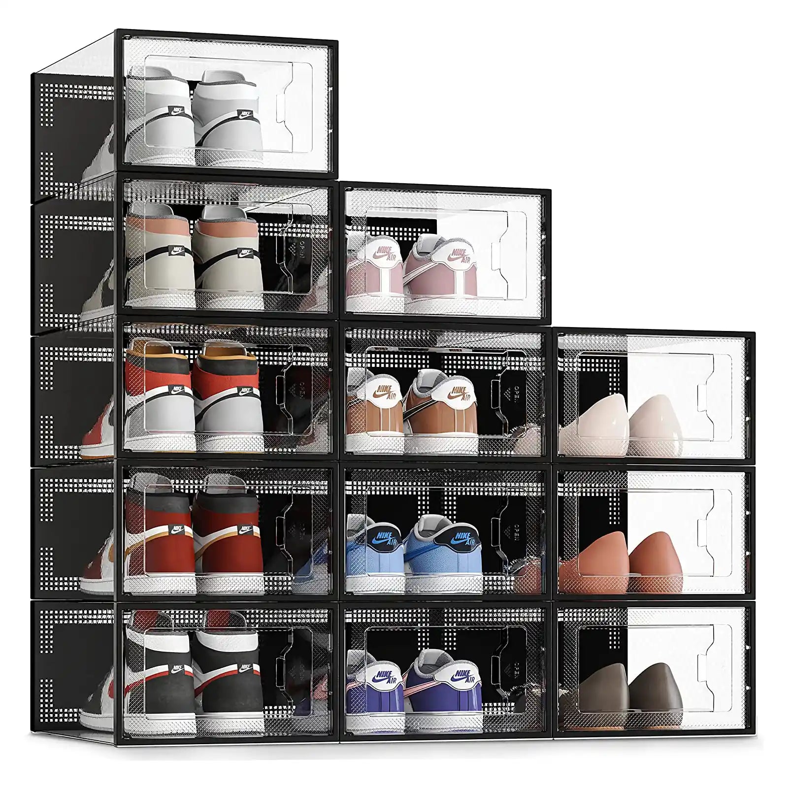 Paquete grande de 12 cajas de almacenamiento de zapatos, organizador de zapatos apilable de plástico transparente para armario, zapatero, contenedores para zapatillas, soportes para contenedores de hasta el tamaño 14