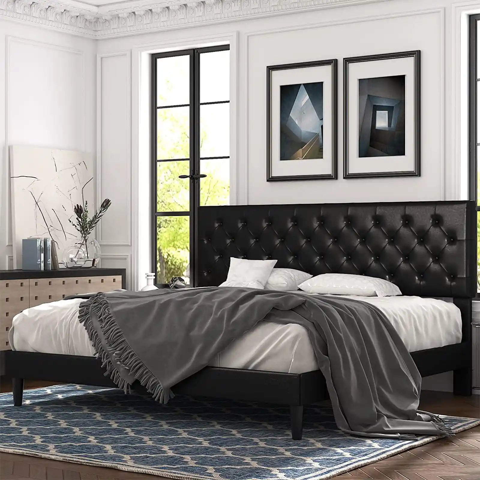 Faux Leather Diamond Button Tufted Bed Frame with Adjustable Headboard