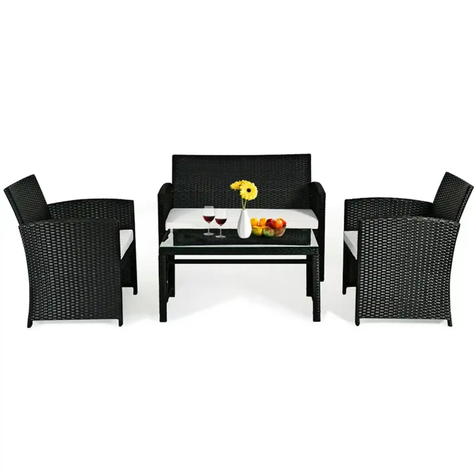 4 Pcs Patio Rattan Wicker Furniture Conversation Set Cushioned Sofa Table