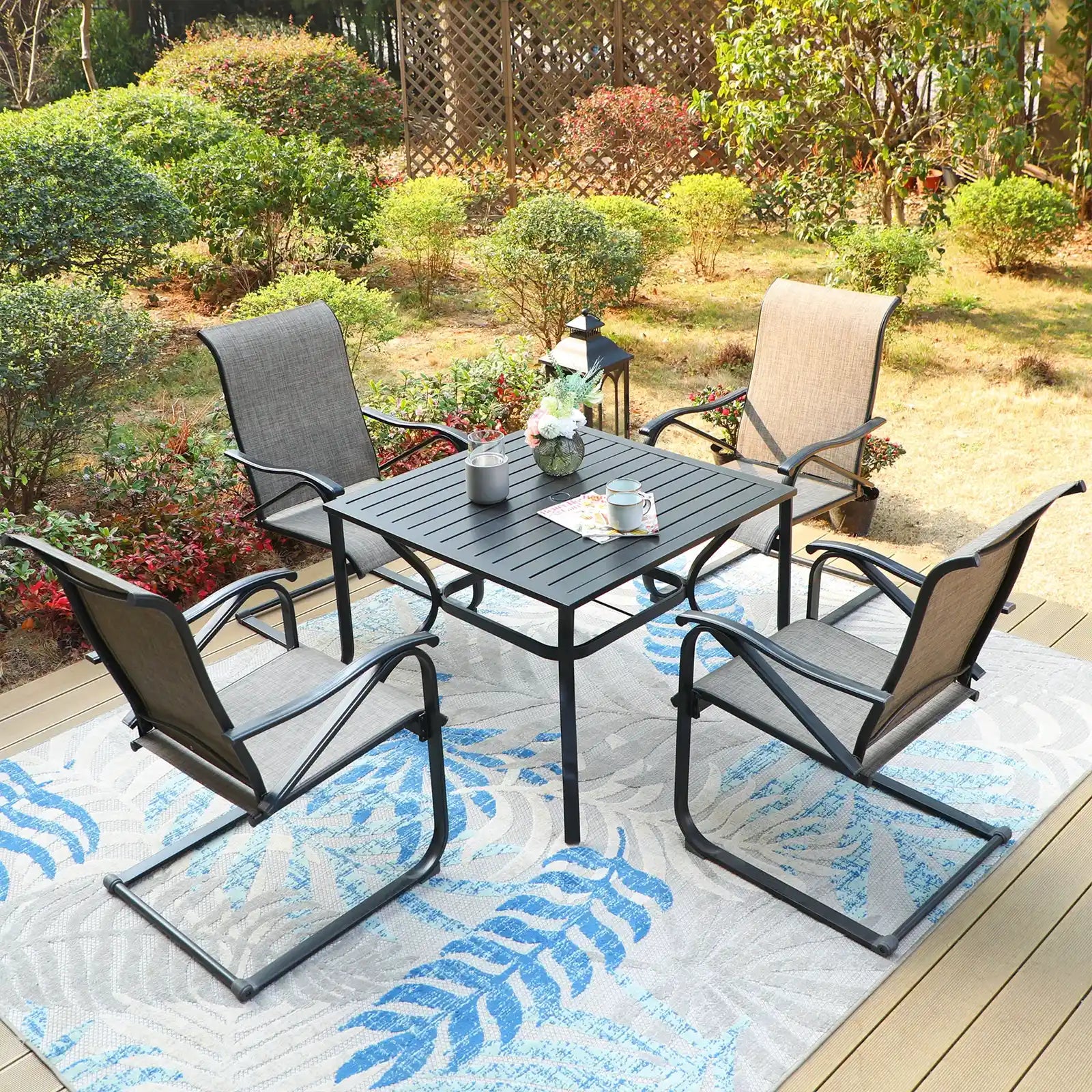 Juego de comedor para patio de 5 piezas con 4 sillas de comedor para exterior C-Spring y mesa de comedor cuadrada de metal de 1 pieza, adecuada para jardín al aire libre, gris 