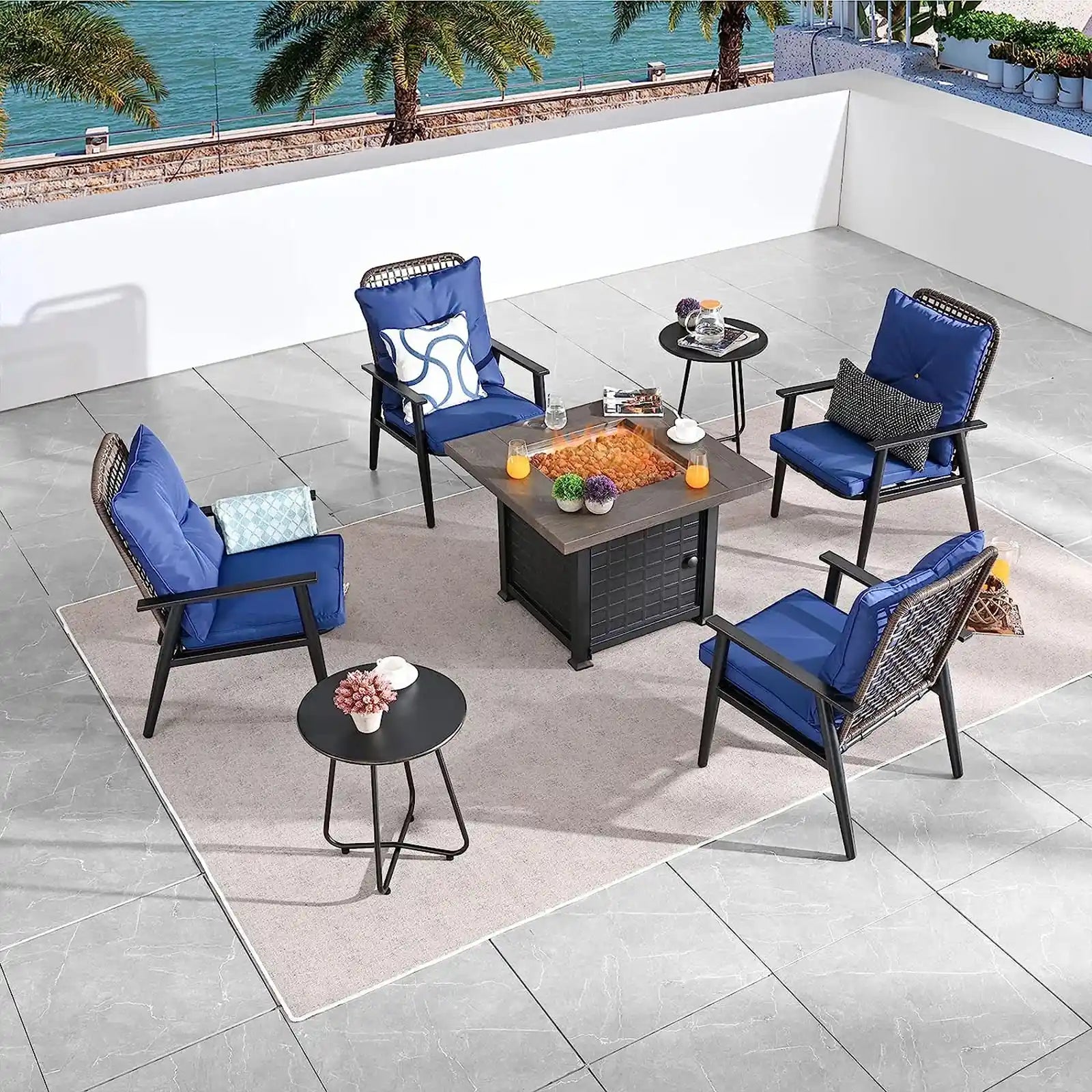 7 Pieces Outdoor Fire Pit Table Set, Patio Conversation Set, Square Propane Gas Table, 4 PE Wicker Armchairs w/Cushions and 2 Side Table Metal Furniture