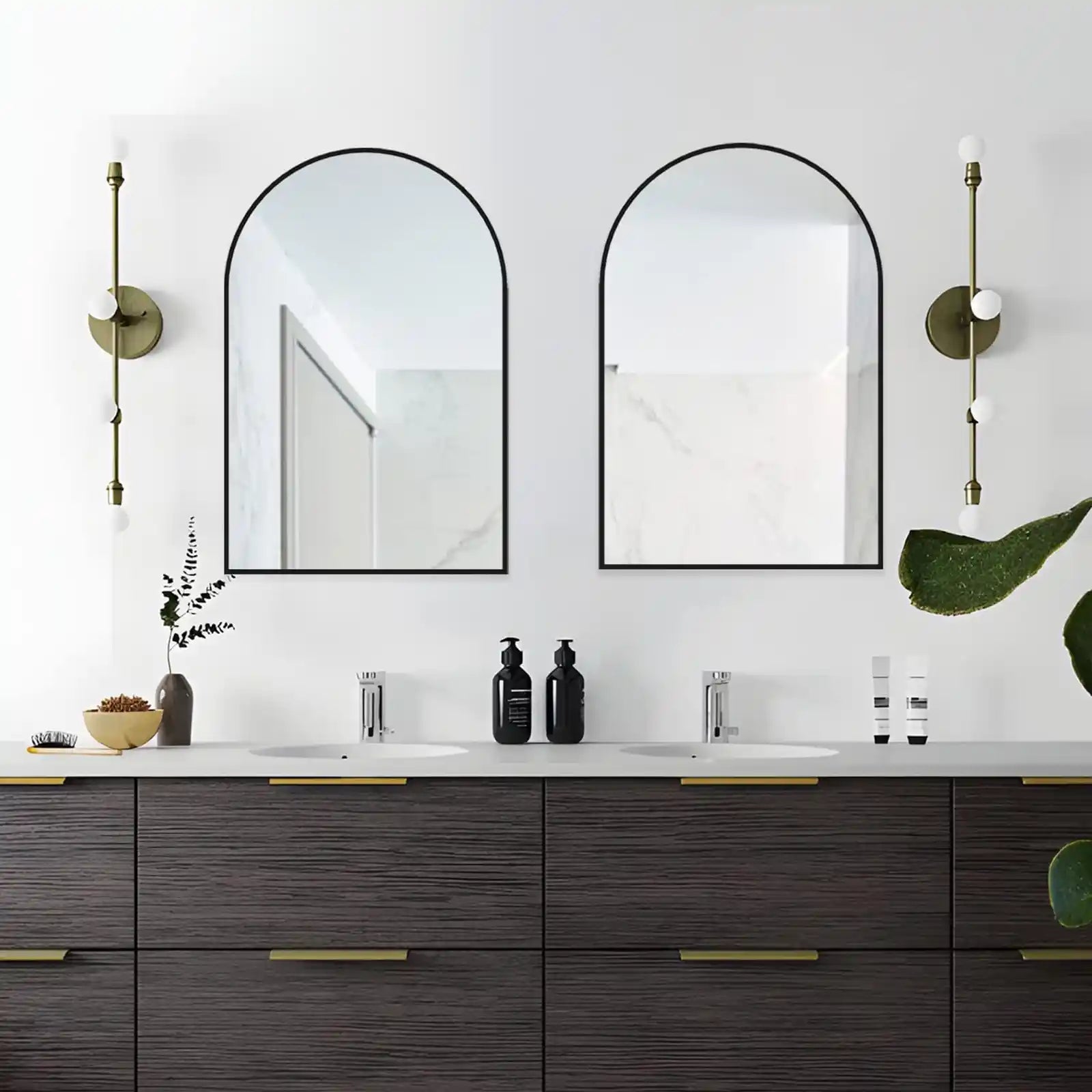 Wall Mounted Mirror Set of 2, Arched Wall Mirror for Bathroom,  Arch Bathroom Mirror with Metal Frame, 2 Piece Black Vanity Mirror Decor for Mantle, Bedroom, Entryway