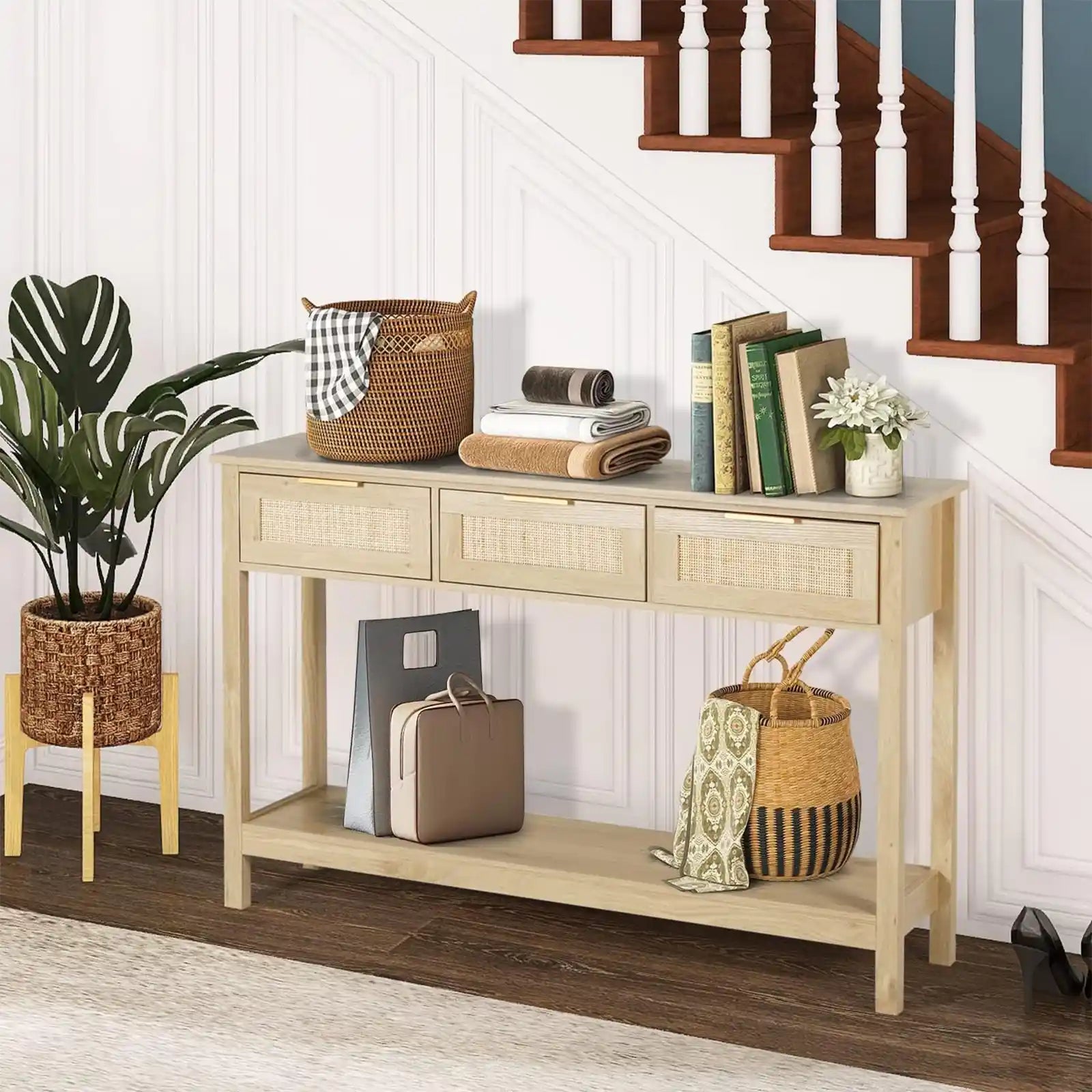 Rattan Console Table Boho Entryway Table Narrow Long Sofa Table Hallway Foyer Table Behind Couch Table with 3 Drawers and Open Storage Shelf for Living Room and Corridor Natural Wood