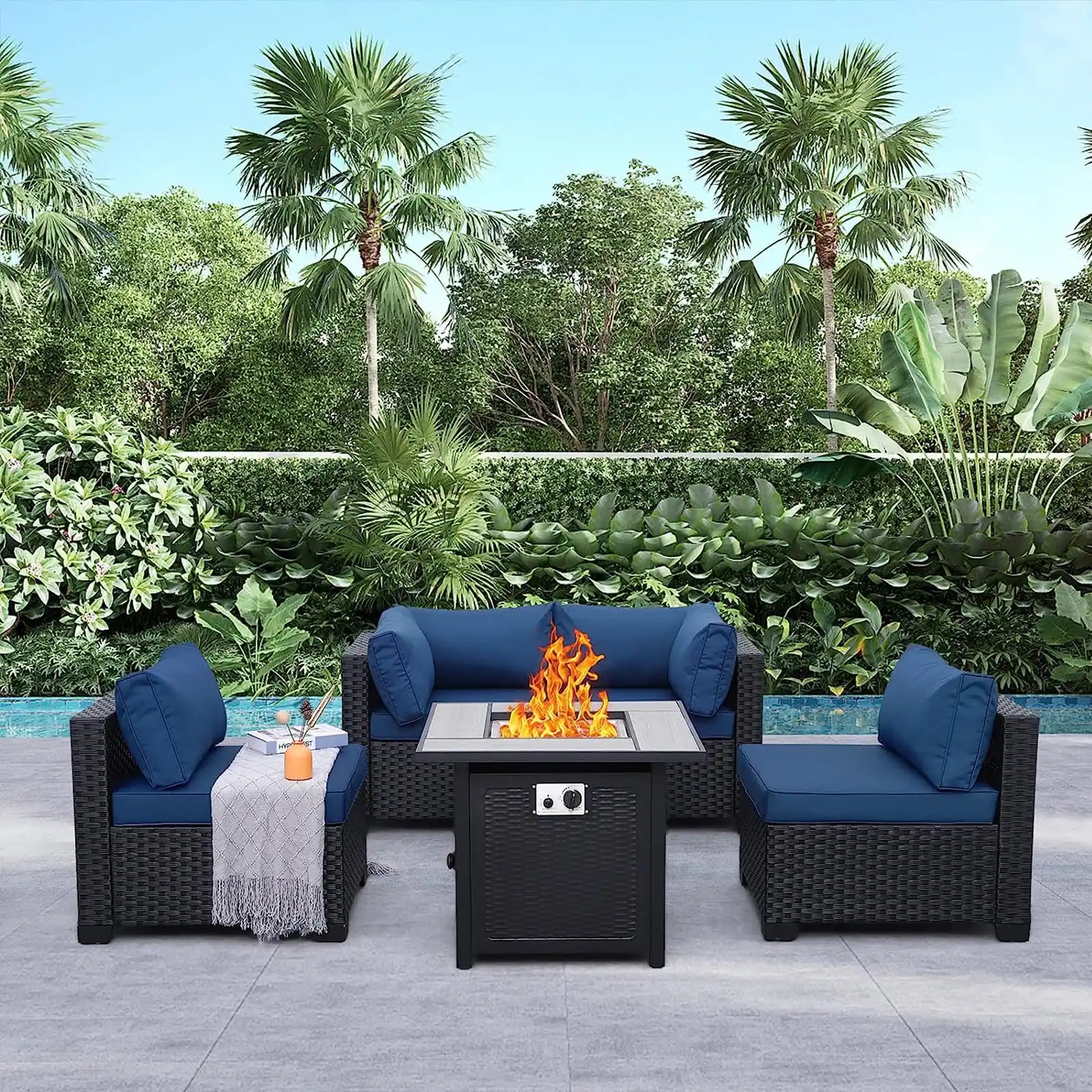 Outdoor Patio PE Wicker 5 Piece Furniture Set, Black Rattan Sectional Conversation Sofa Chair with Square Propane Fire Pit Table, Navy Blue Cushion