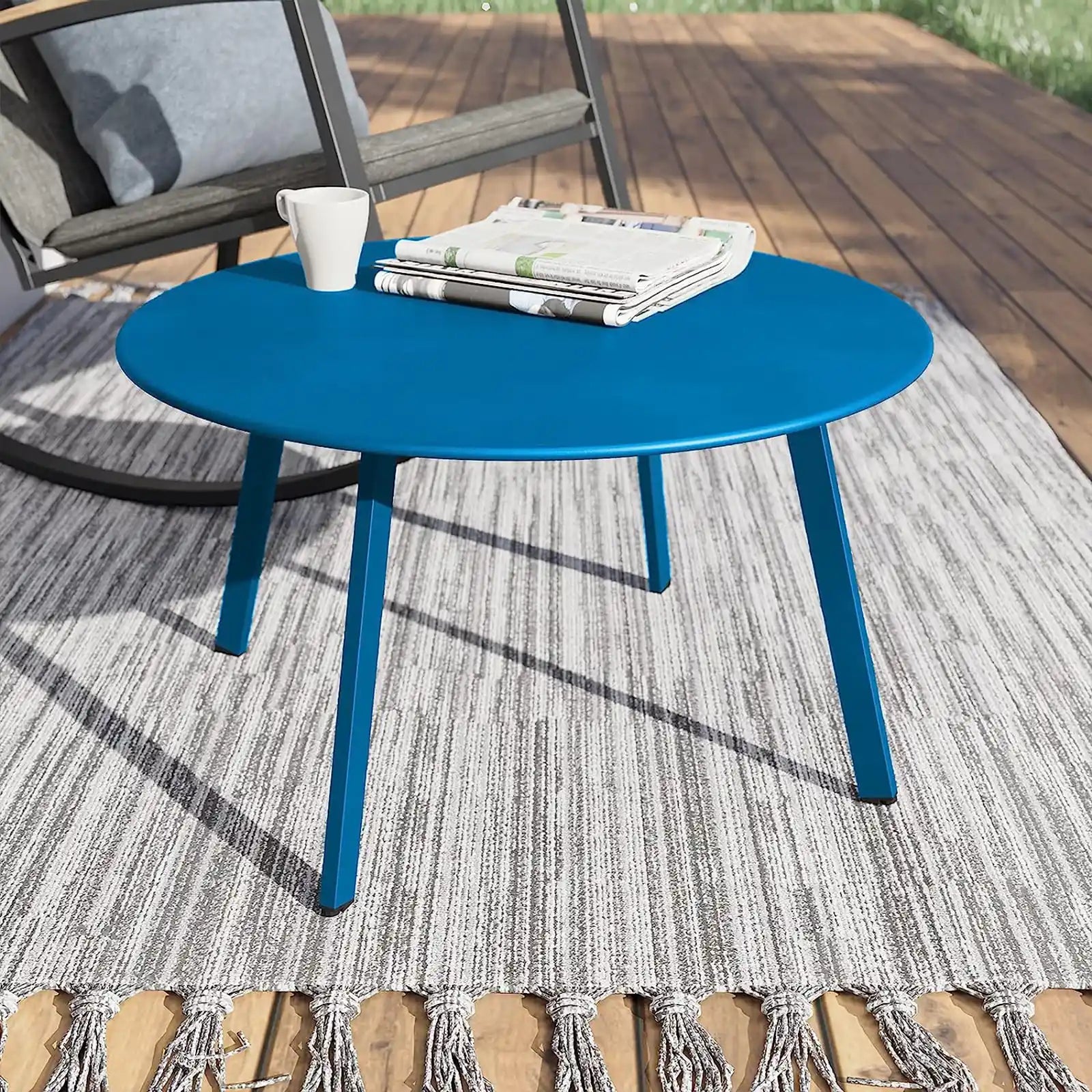 Mesa de centro redonda de acero para patio, mesa auxiliar grande para exteriores resistente a la intemperie 