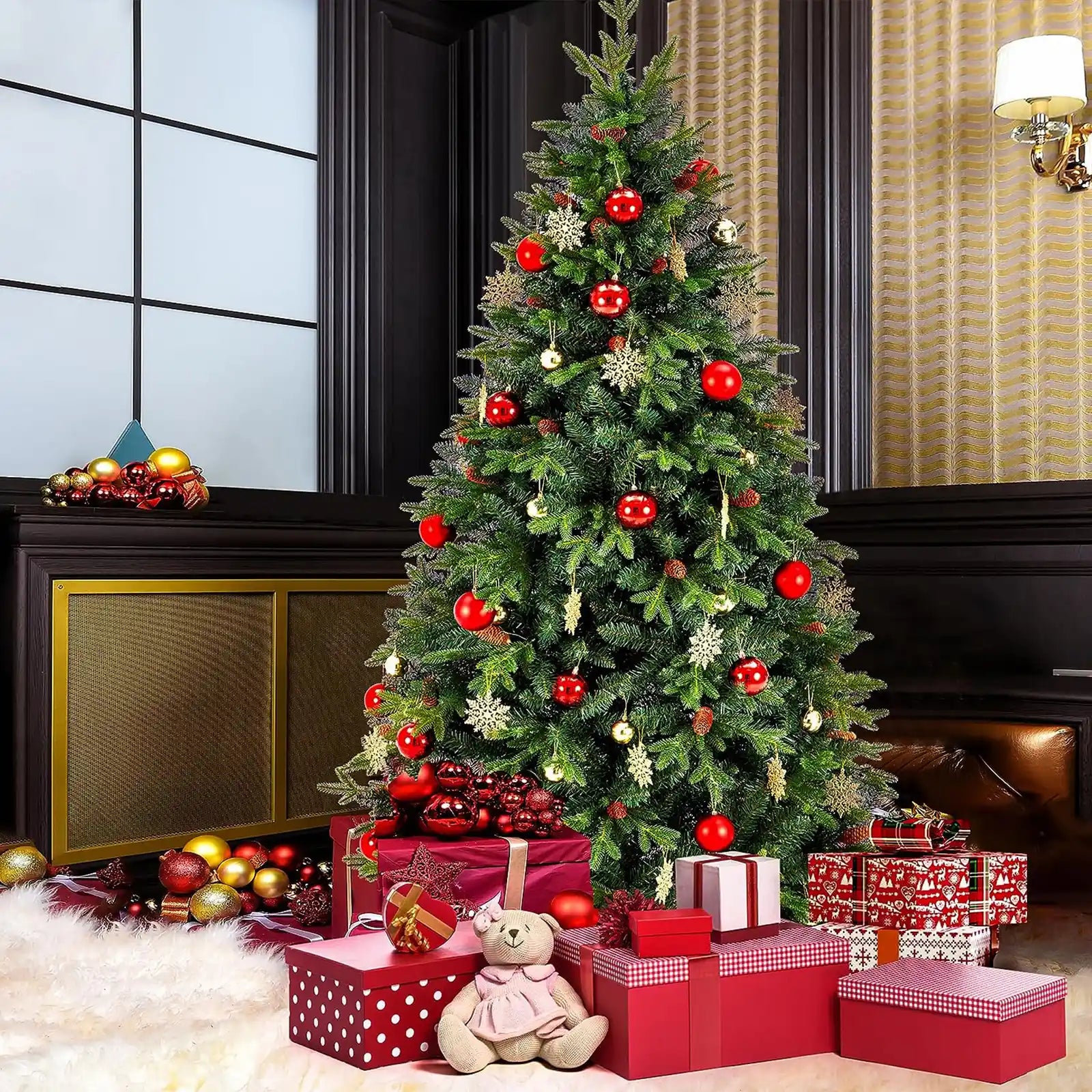 Árbol de Navidad artificial de 7,5 pies con 1400 puntas de ramas, decoraciones para árboles de Navidad, soporte para árbol de Navidad, bisagras de metal y base plegable, fácil montaje para el hogar, oficina, decoración de fiestas 