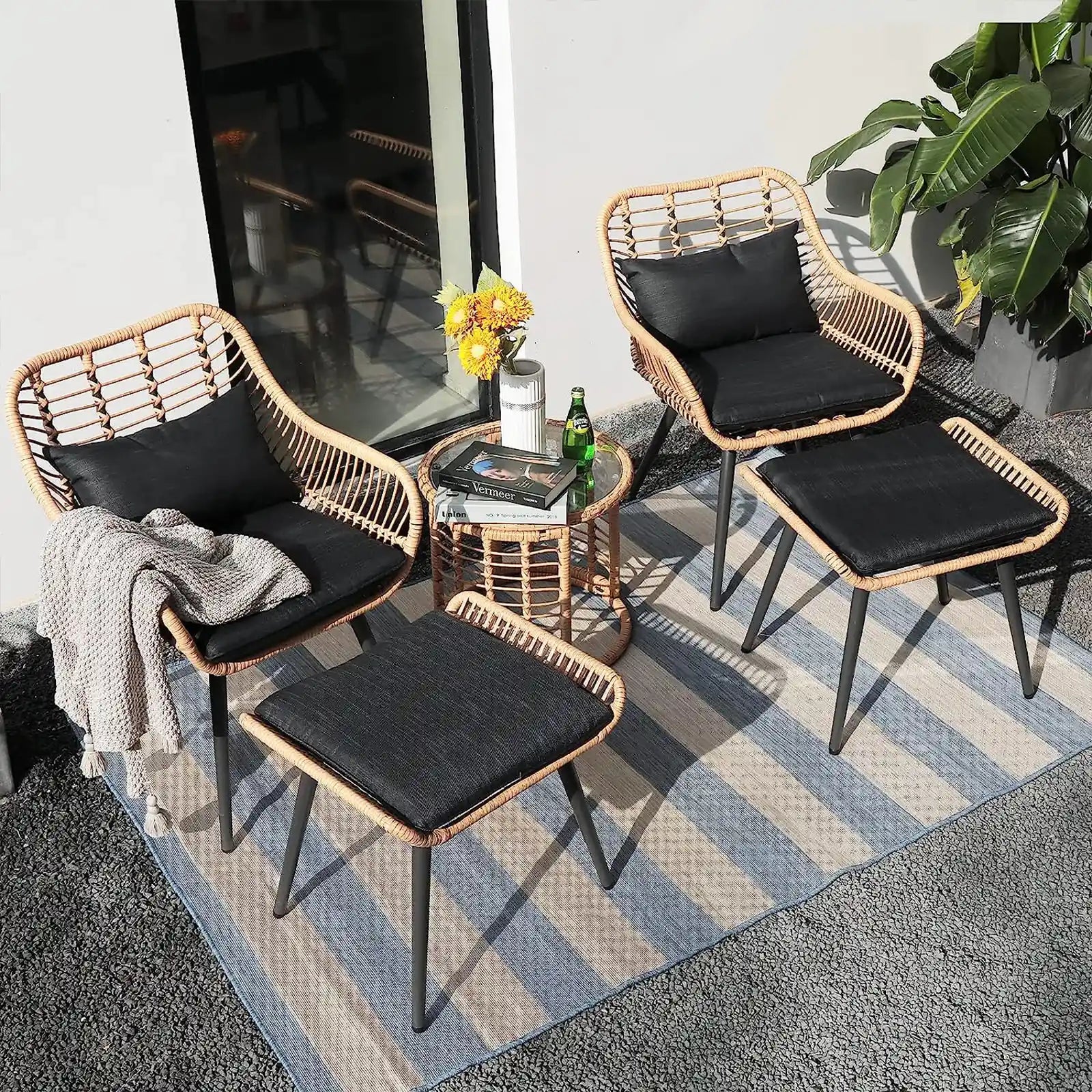 3 Piece Outdoor Wicker Furniture Bistro Set, Patio Rattan Conversation Set with Round Glass Top Coffee Side Table, Cushions for Porch, Backyard, Deck