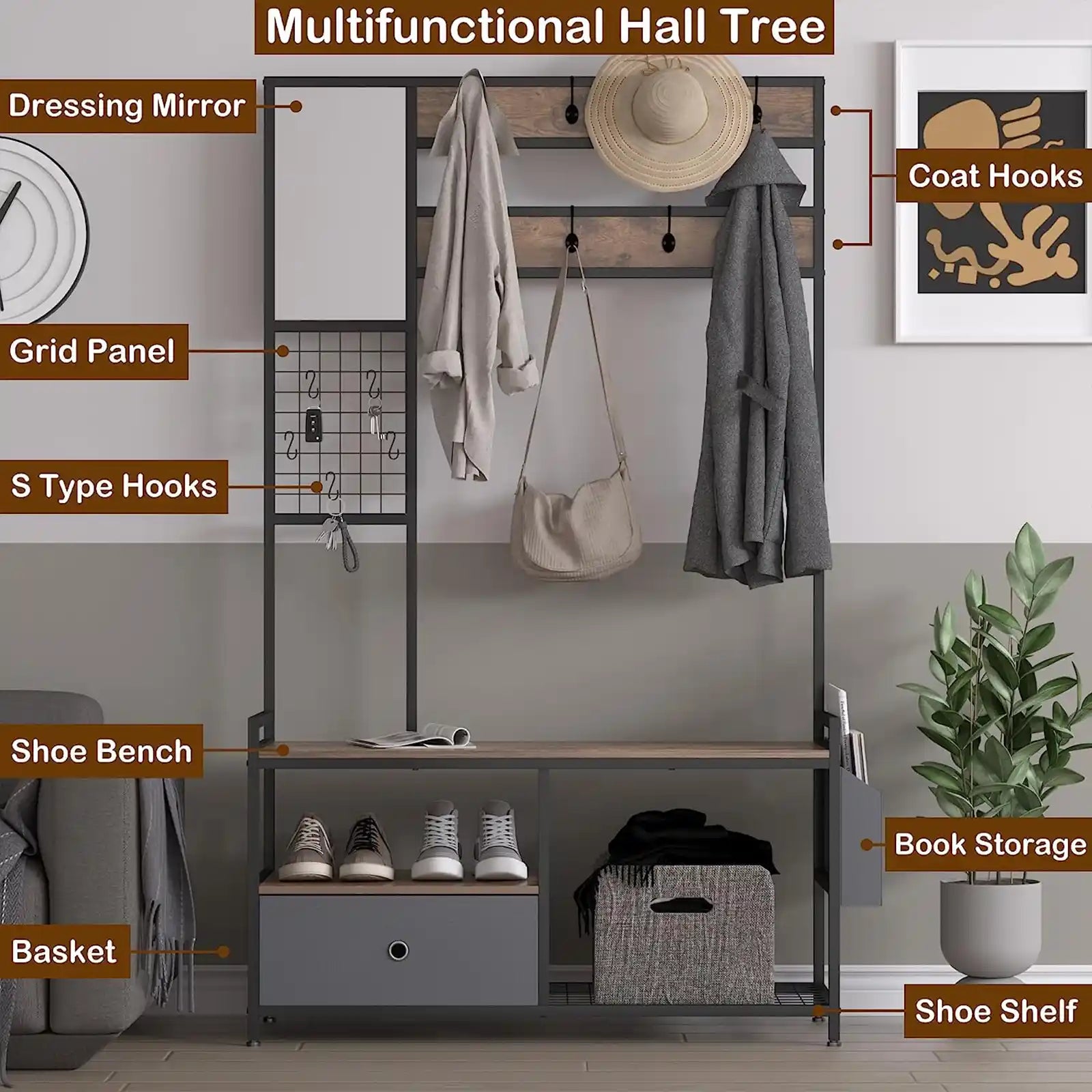 Entryway Hall Tree with Drawer,Coat Rack with Mirror,Vintage Industrial Hall Tree with Shoe Bench,5-in-1 Storage Rack with 8 Hooks and Grid Panel