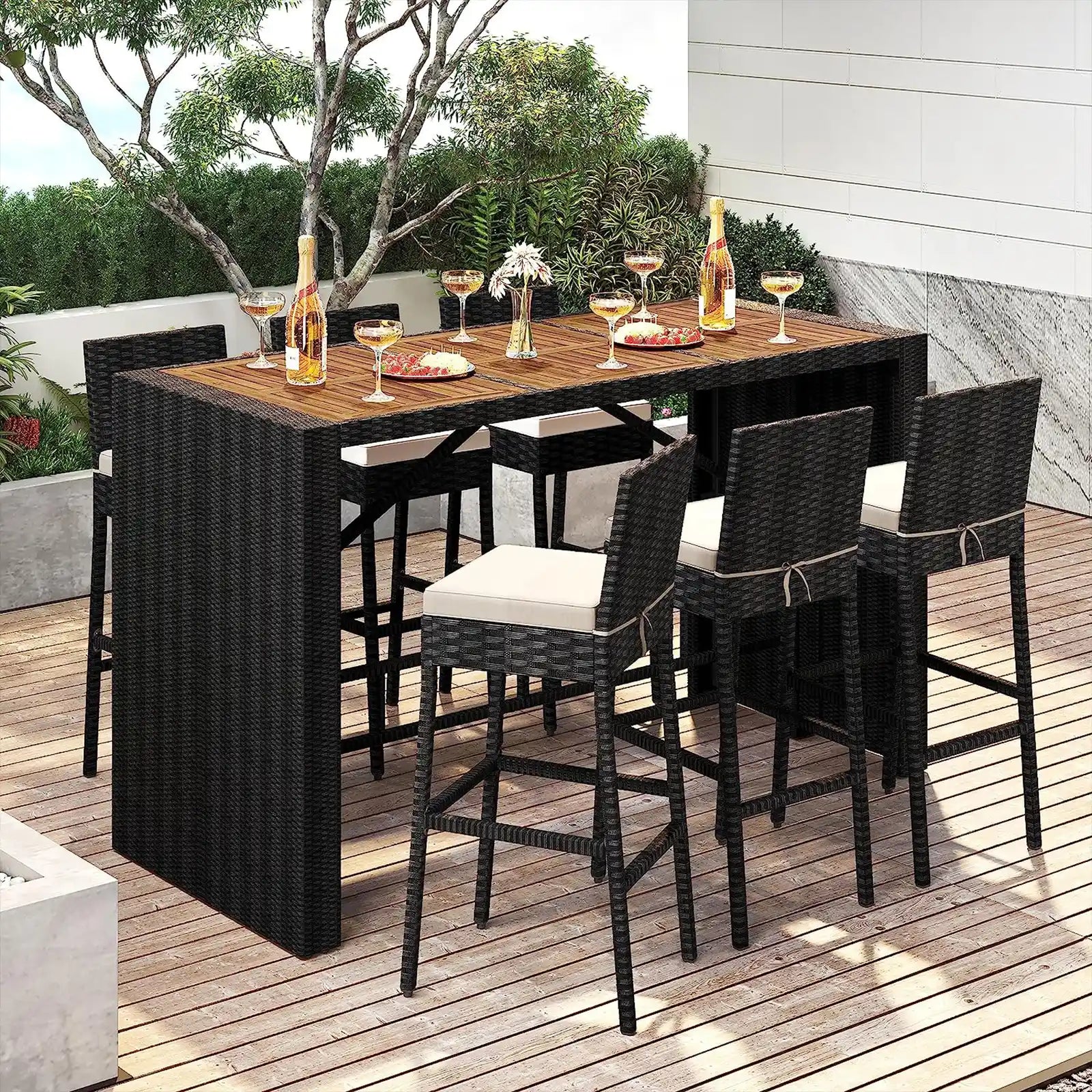 7 Piece Patio Dining Set Outdoor Acacia Wood Bar Table and Barstool Chairs with Removable Cushions, Patio Wicker Furniture Set for Deck, Backyard, Garden