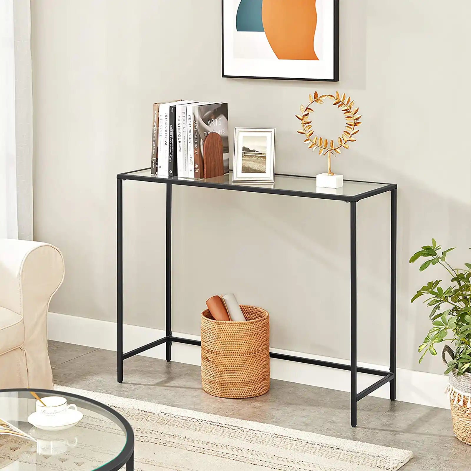 Console Table, Tempered Glass Sofa Table, Modern Entryway Table, Metal Frame, Easy to Assemble, Adjustable Feet, for Living Room, Hallway