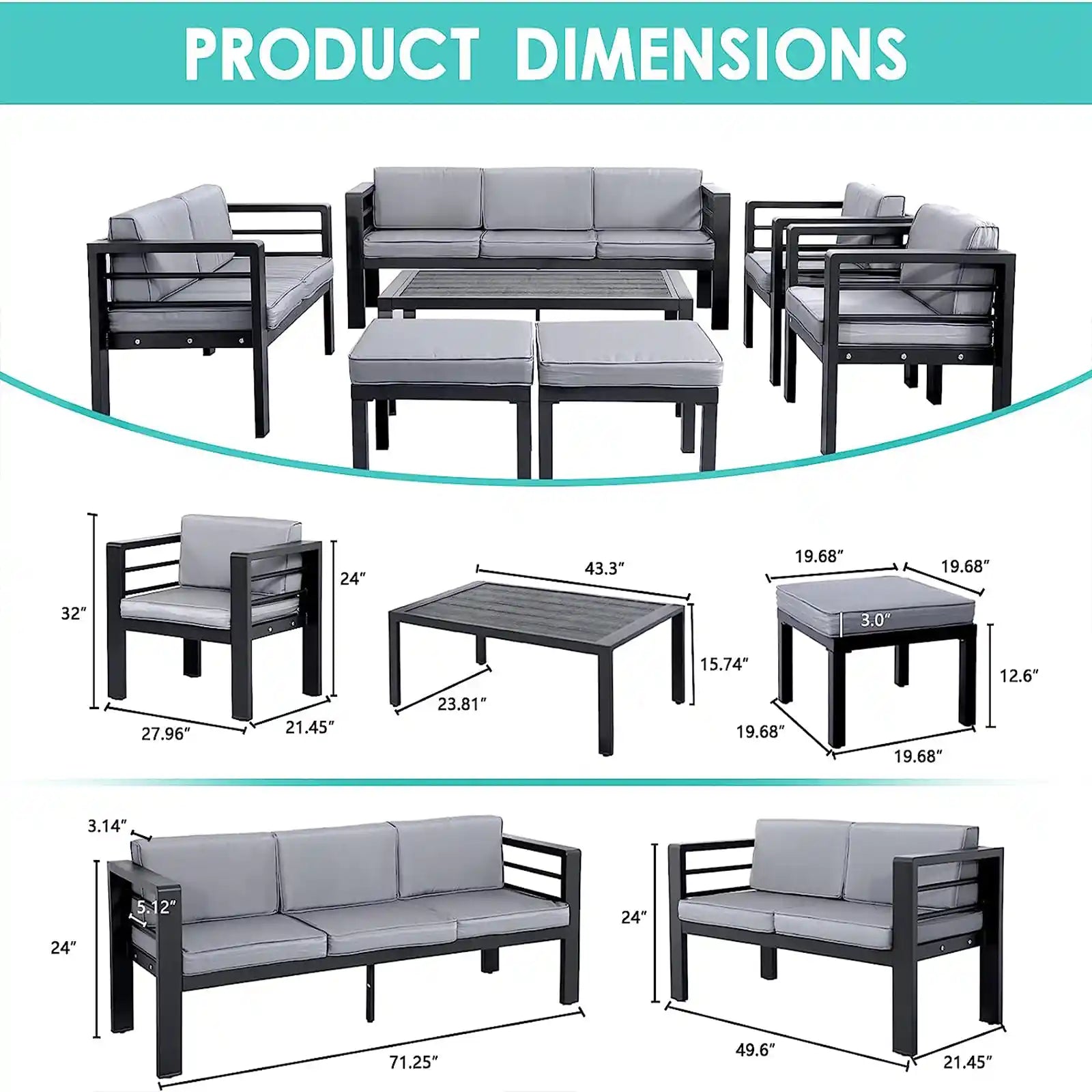 Oversized Aluminium Patio Furniture Set, 7 Pieces Modern Outdoor All-Weather Modern Sectional Sofa, Conversation Set with Grey Comfort Cushions,Ottomans and Table