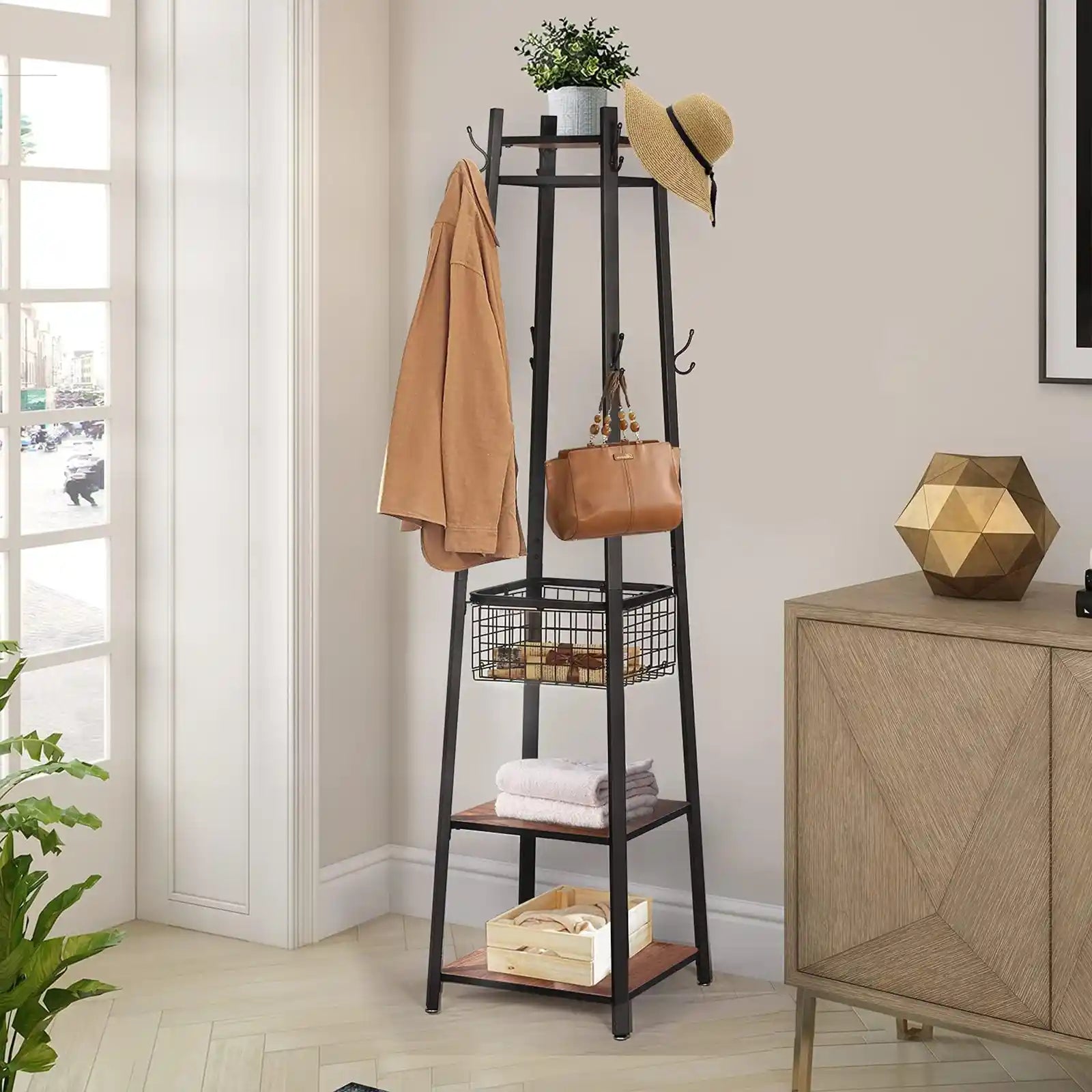 Industrial Coat Rack Stand, Hall Trees Freestanding, Entryway Clothes Stand with Metal Basket and 2 Shelves, Purse Hanger with 8 Dual Hooks/Stable Structure for Hats Bags and Scarves