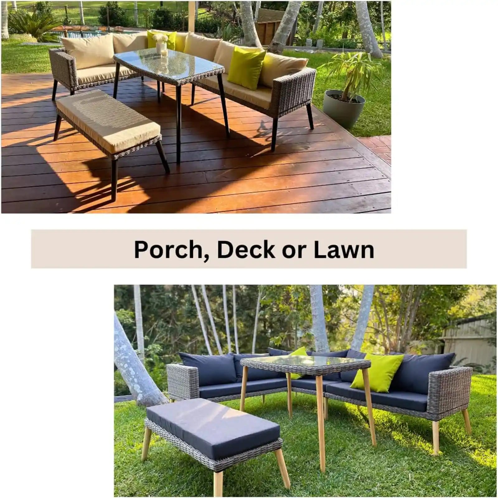 Outdoor Sectional with Dining Table, Patio Furniture Set, Tempered Glass Table Top, Rattan Outdoors Conversation Sets for Balcony, Garden Lawn, Sunroom, Modern Wicker Porch Sofa Table