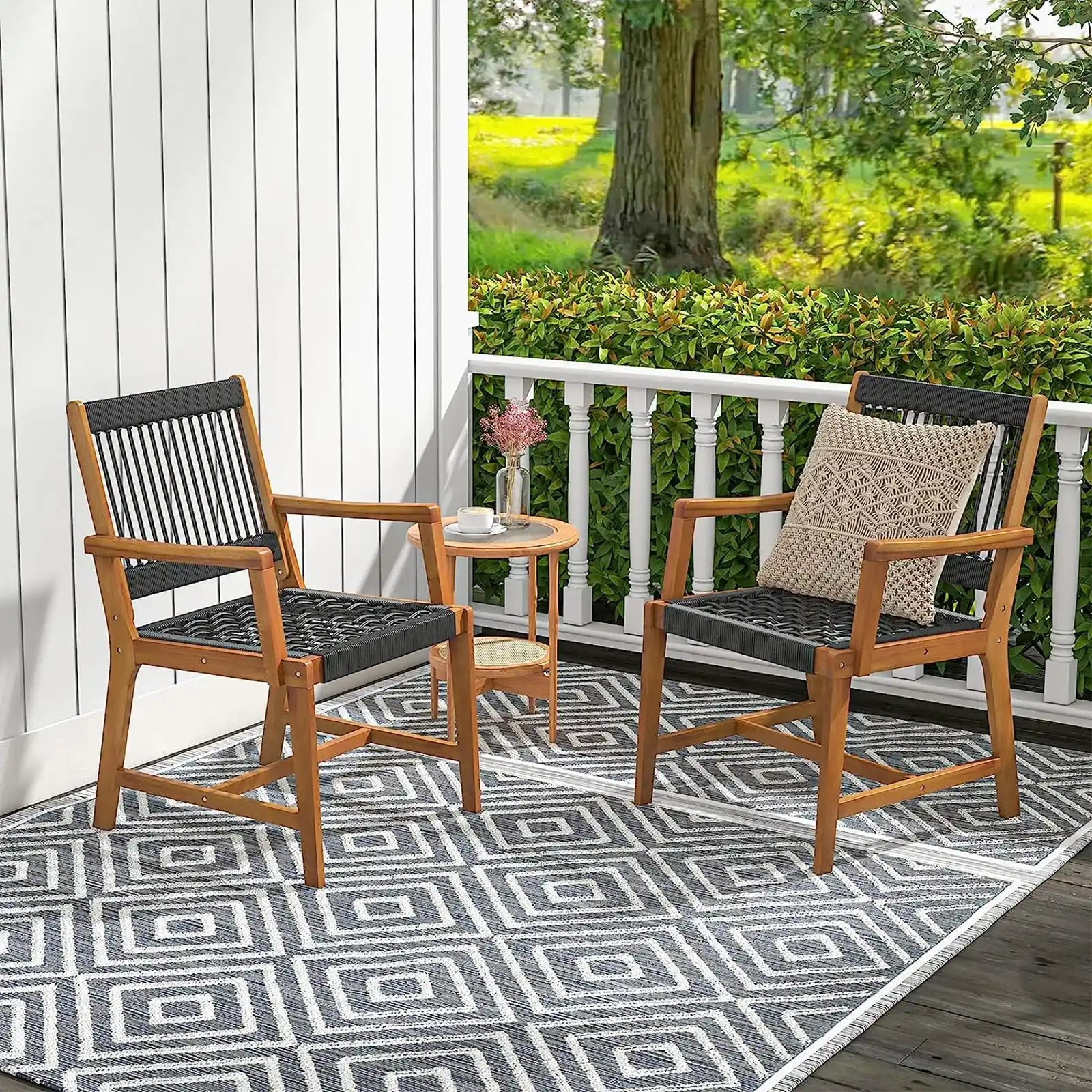 Outdoor Acacia Wood Dining Chairs Set of 4, All-Weather Rope Woven Patio Chairs with Armrests, Outdoor Armchairs for Patio, Lawn, Garden, Backyard