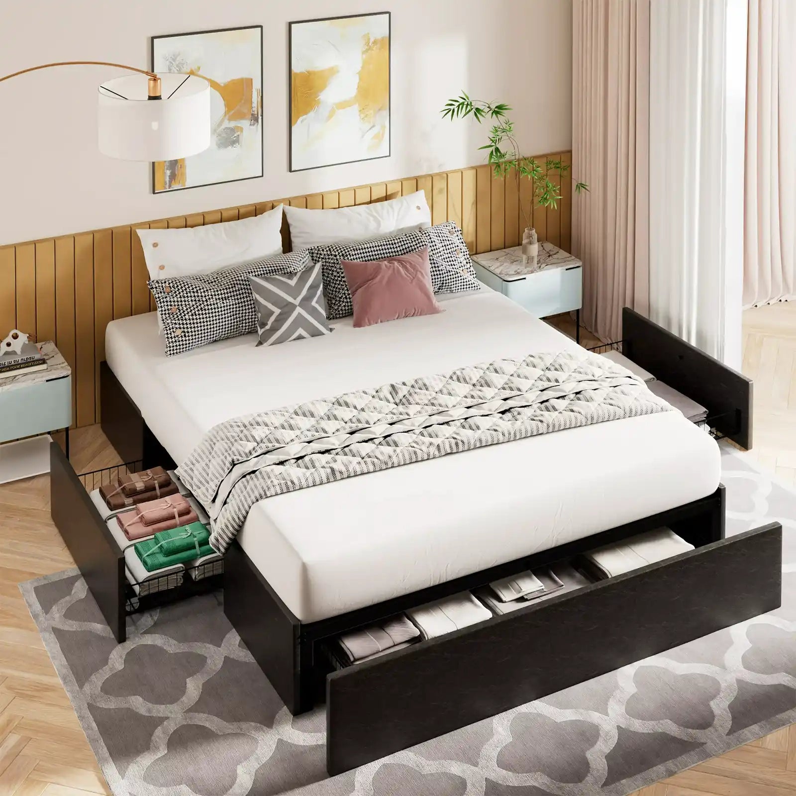 Estructura de cama con plataforma tapizada, 3 cajones de almacenamiento y listones de madera, gris oscuro 