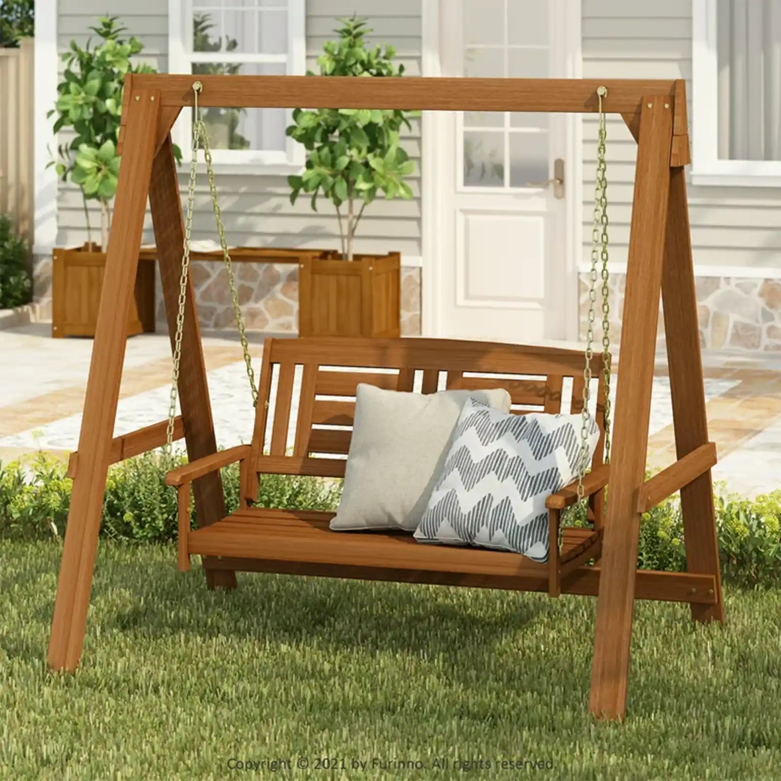 Wood Hanging Porch Swing with Stand, Seating Capacity 3