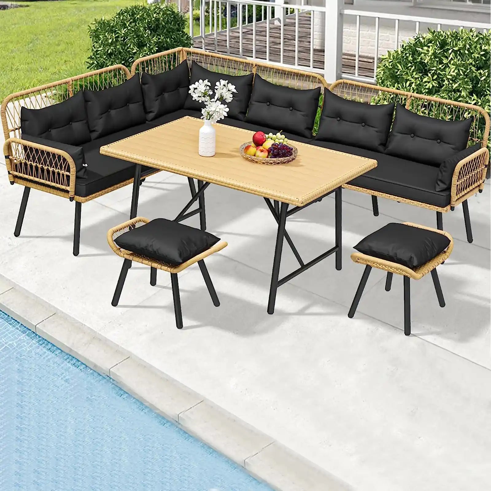 9-Person Patio Furniture Set with L-Shaped Lounger and Low Stools