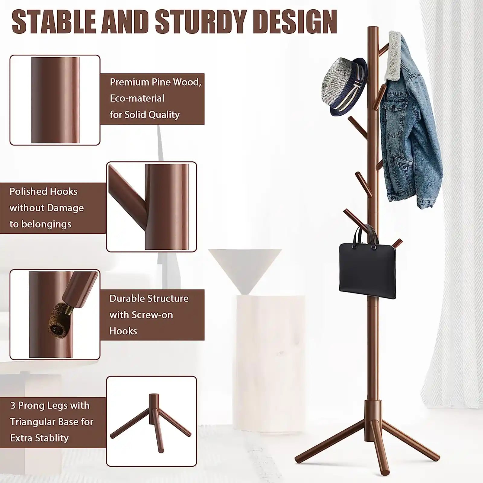 Wooden Coat Rack Stand with 8 Hooks Pine Adjustable Coat Standing Tree Easy Assembly for Coats, Hats, Scarves and Handbags for Entryway, Hallway, Bedroom, Office