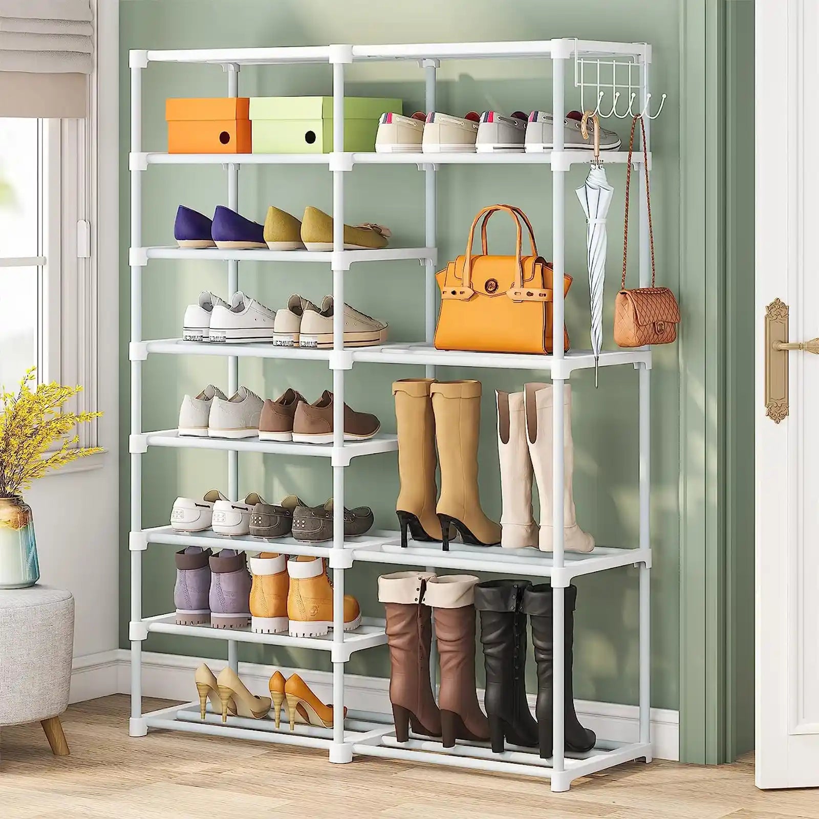 Shoe Shelf Shoe Storage Organizer with Side Hooks For Entryway, 24-30 Pairs Metal Shoe Rack Taller Shoes Boots Organizer