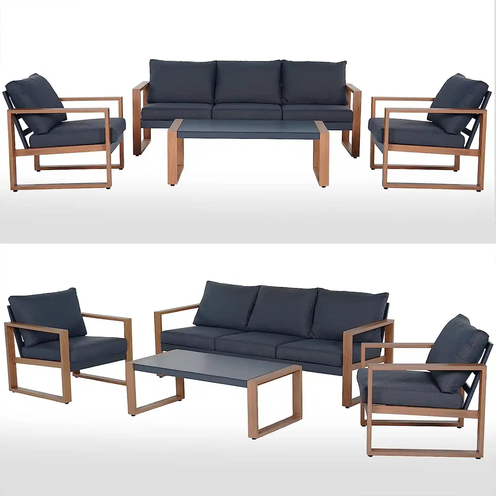 Modern Outdoor 4 Pieces Duisburg Aluminum Conversation Sets,Faux Wood Grain Aluminum Metal Sofa with Removable Cushion and Coffee Table for Garden Backyard Balcony