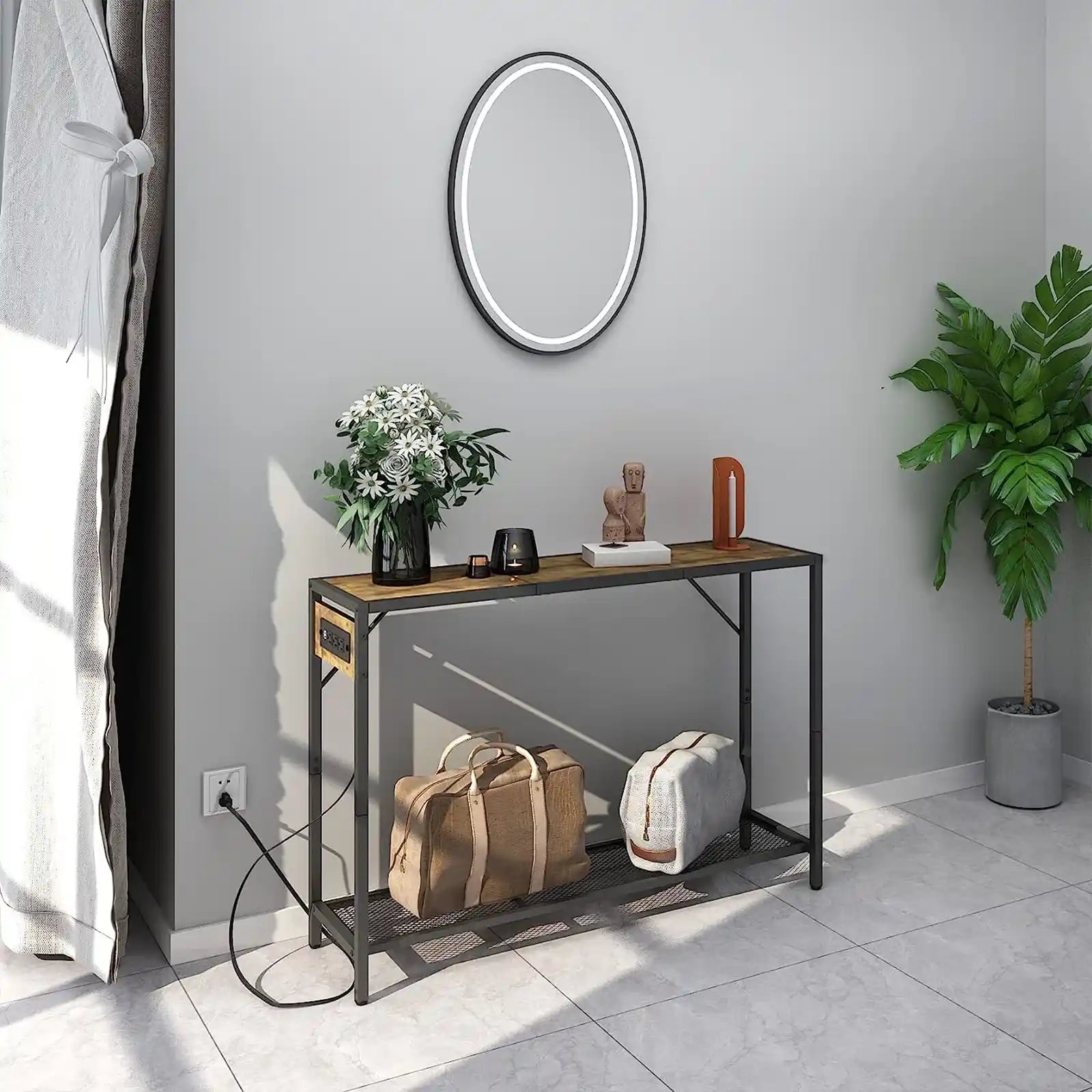 Console Table with Charging Station,Entryway Table with Two-Color Top Shelf, Hallway Foyer Table, Narrow Sofa Table for Entrance Hall, Living Room