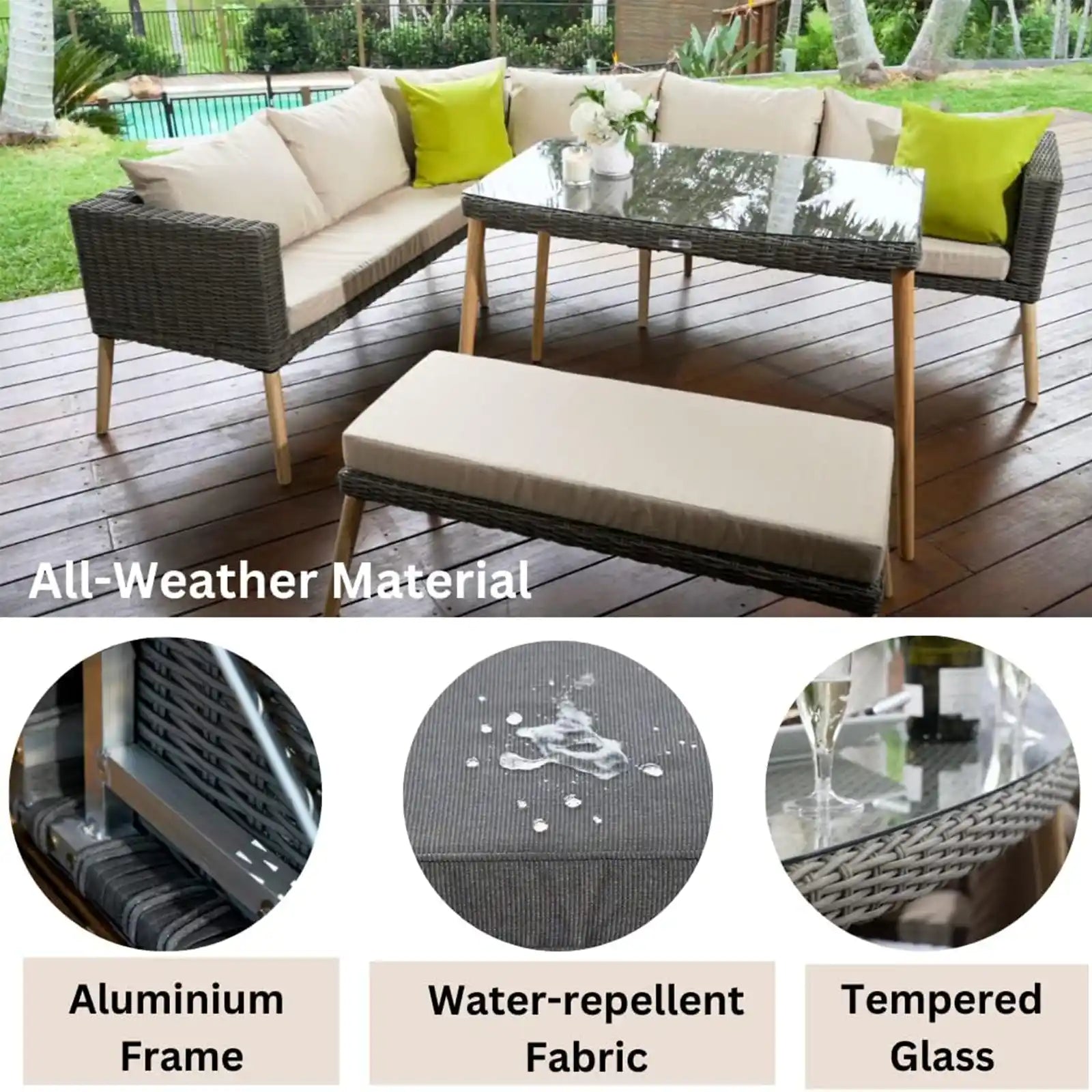 Outdoor Sectional with Dining Table, Patio Furniture Set, Tempered Glass Table Top, Rattan Outdoors Conversation Sets for Balcony, Garden Lawn, Sunroom, Modern Wicker Porch Sofa Table