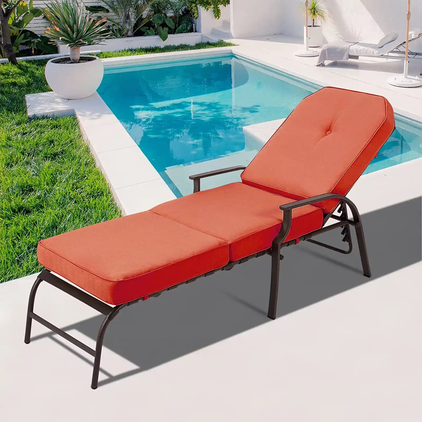 Adjustable Outdoor Chaise Lounge Chair for Patio, Poolside with UV-Resistant Cushion