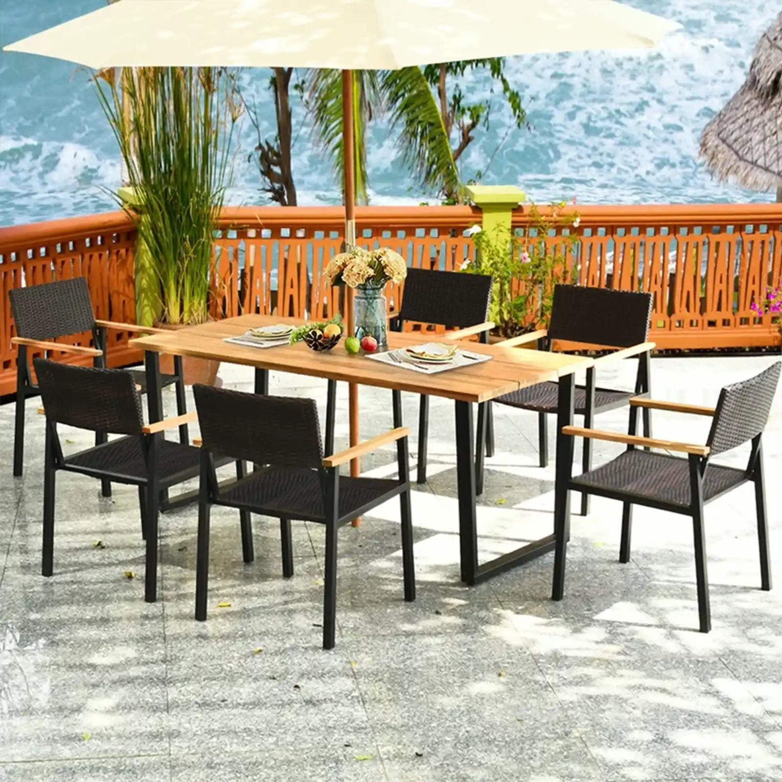 Juego de comedor al aire libre elegante y duradero | Muebles resistentes a la intemperie para jardines, patios y piscinas | Juego de 7 piezas con orificio para paraguas