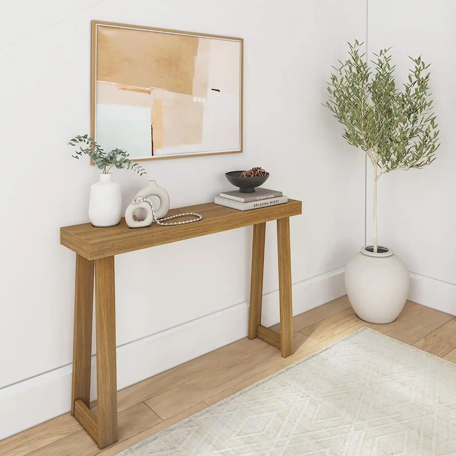 Mesa consola de madera maciza, mesa de sofá, mesa de entrada estrecha para pasillo, detrás del sofá, sala de estar, vestíbulo, fácil montaje 