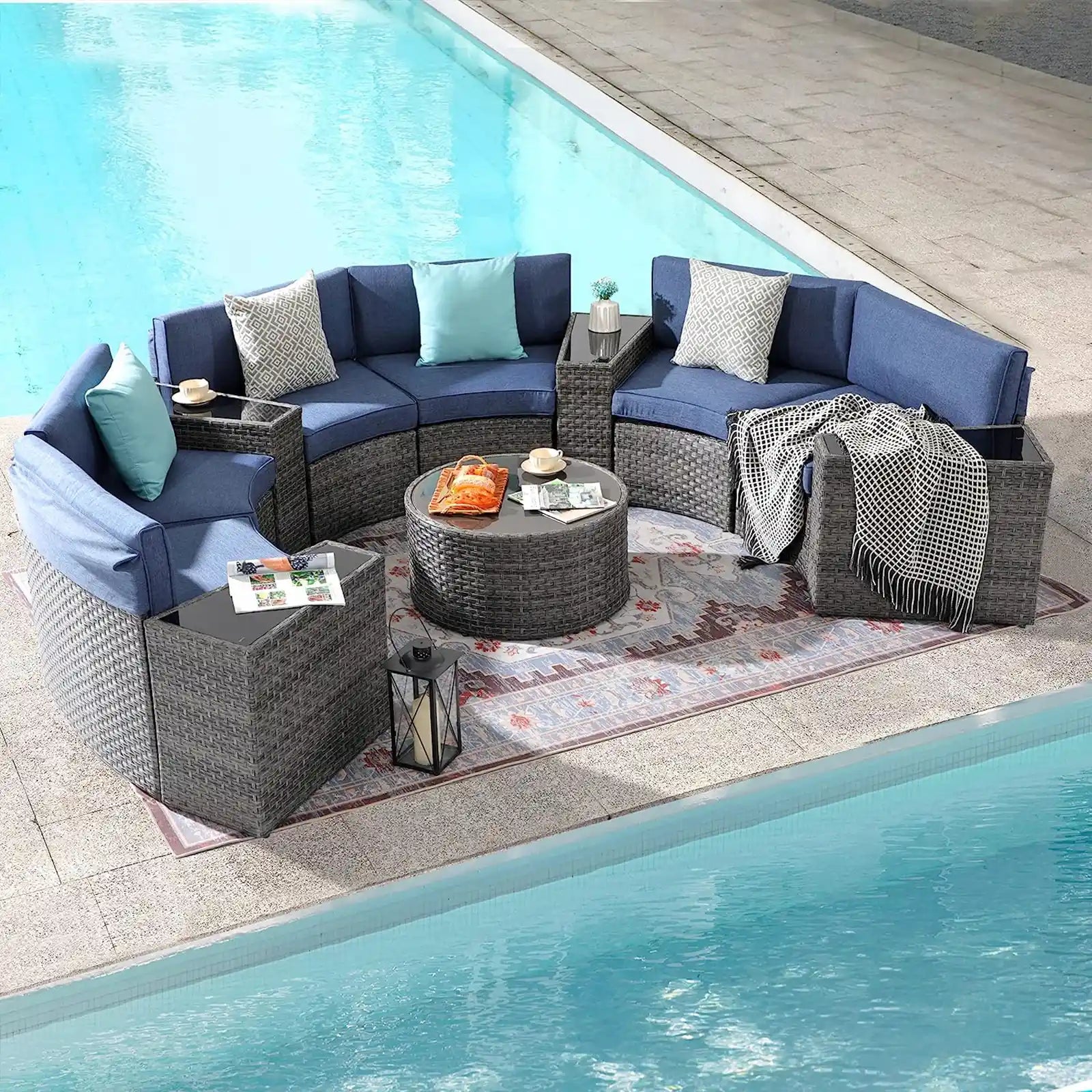 Outdoor Patio Furniture 11-Piece Half-Moon Sectional Round Patio Furniture Set Curved Outdoor Sofa with Tempered Glass Round Coffee Table, 4 Pillows