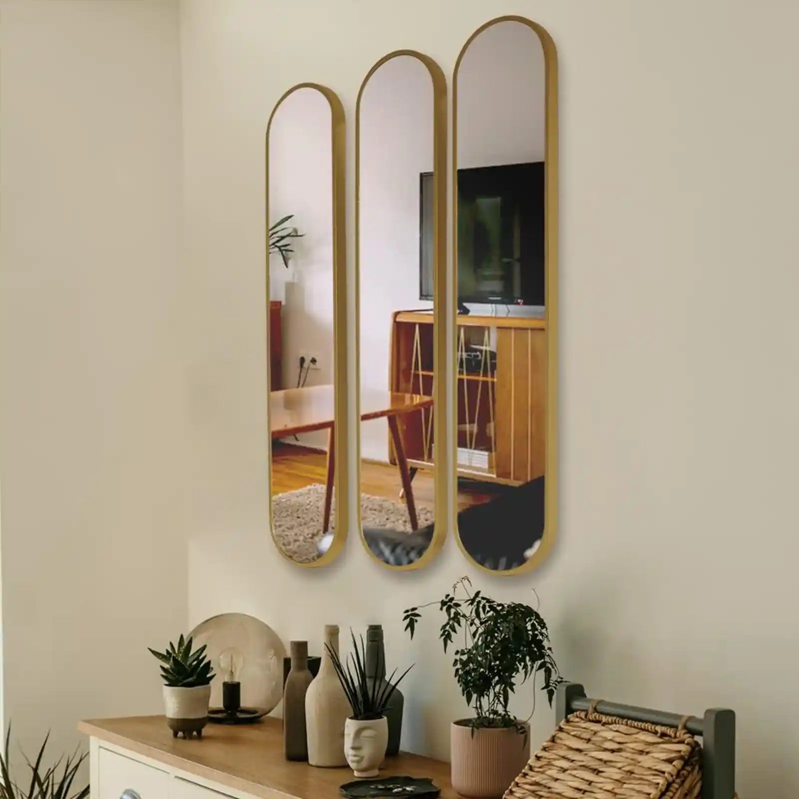 Decorative Oval Gold Mirror Set of 3, 40" x 8" Modern Gold Wall Mirror for Home, Bathroom, Living Room