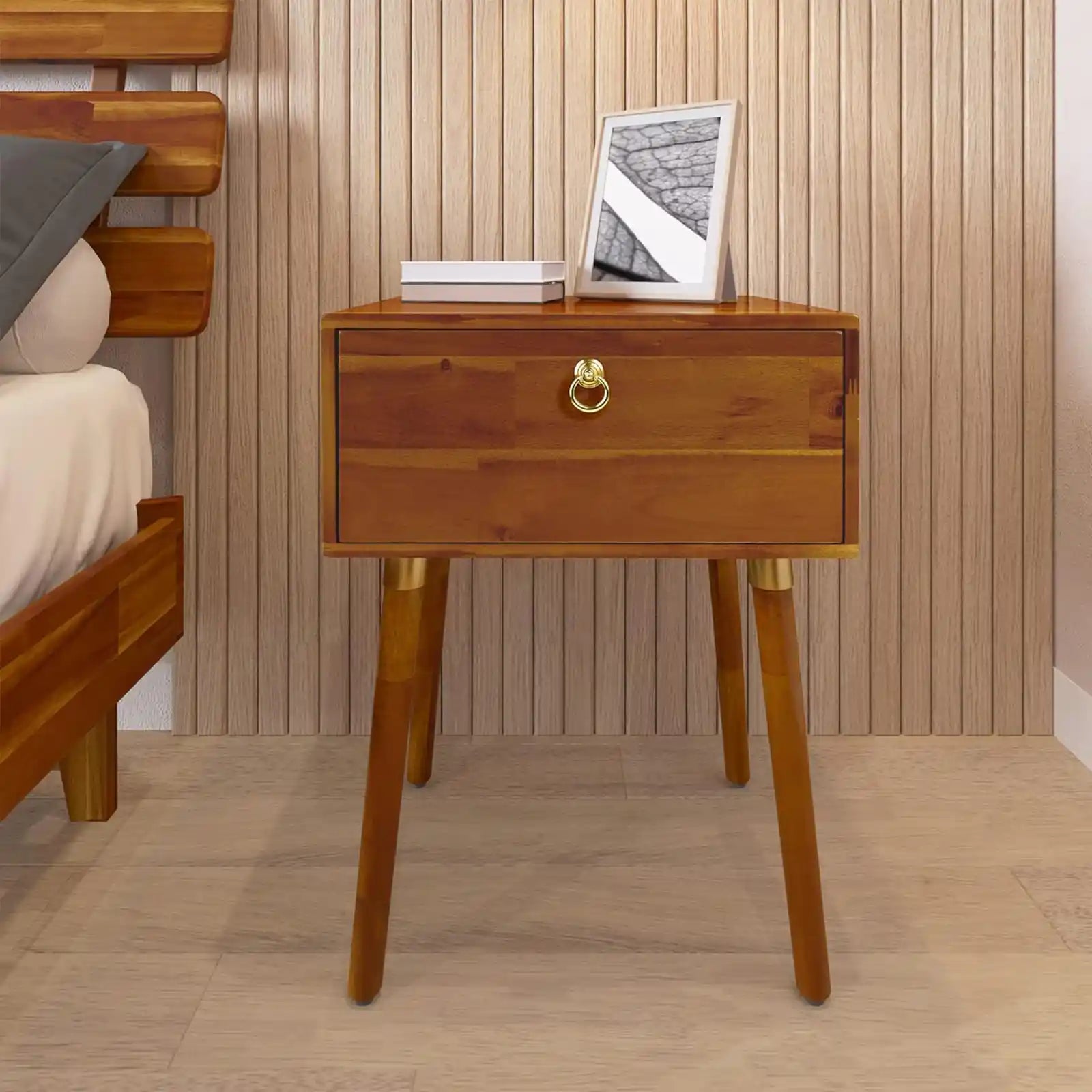 Solid Wood Nightstand, Side Table, End Table, Fully Assembled, with 1-Drawer for Mid Century Bedroom