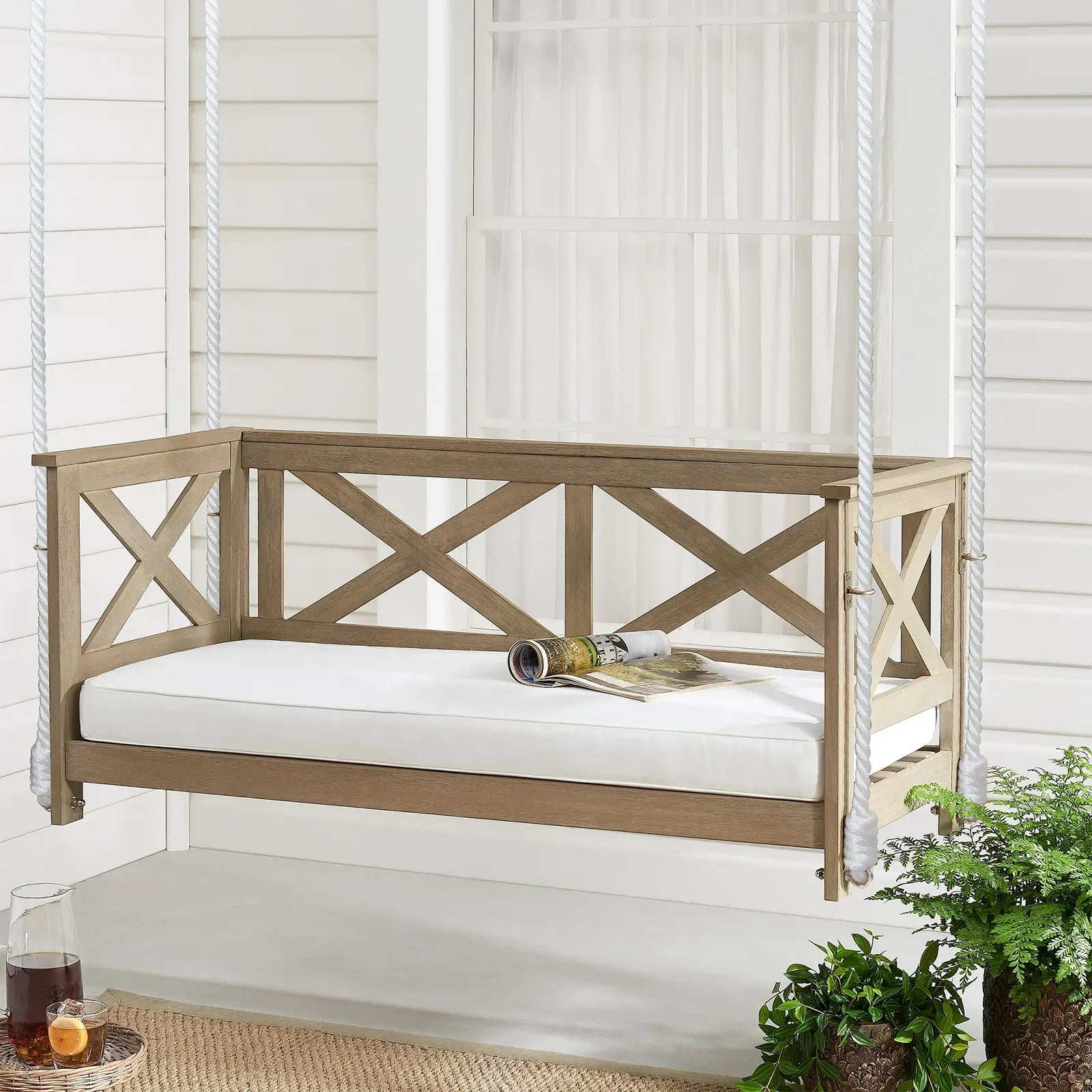 Experience Outdoor Comfort with the 2-Person Cushioned Bench Porch Swing | Rustic Design | Weathered Grey Finish | Cozy Seat Cushion