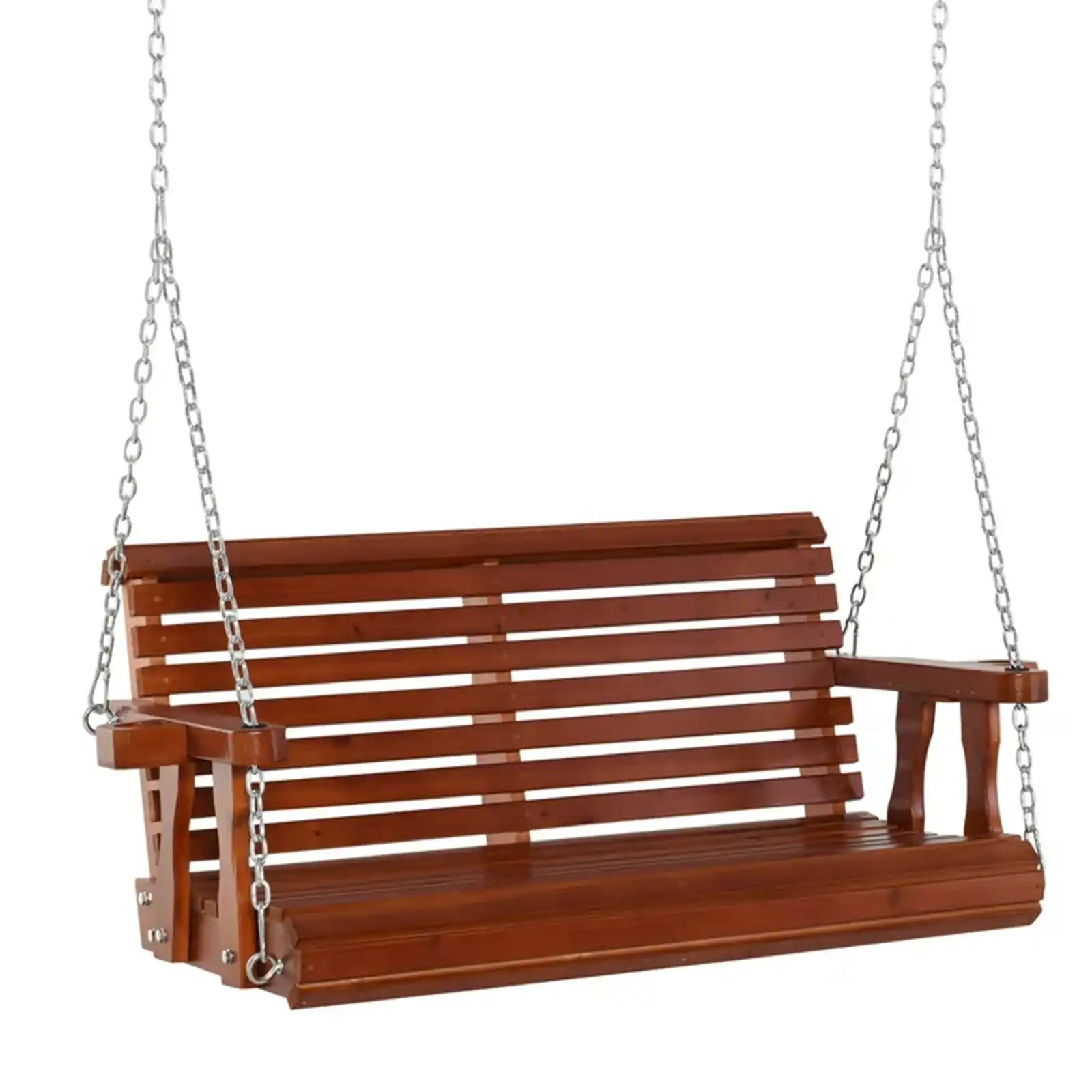 Porch Swing with Chains and Cupholders, 2 Person Wooden Patio Swing Chair for Garden, Poolside, Backyard