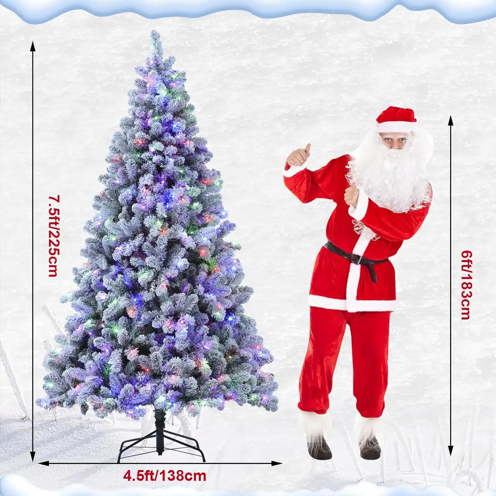 Árbol de Navidad de 7.5 pies con 10 funciones de luces blancas y coloridas, árbol de Navidad flocado de fácil montaje con ramas realistas, árboles de Navidad preiluminados con base de metal resistente, puntas de PVC 